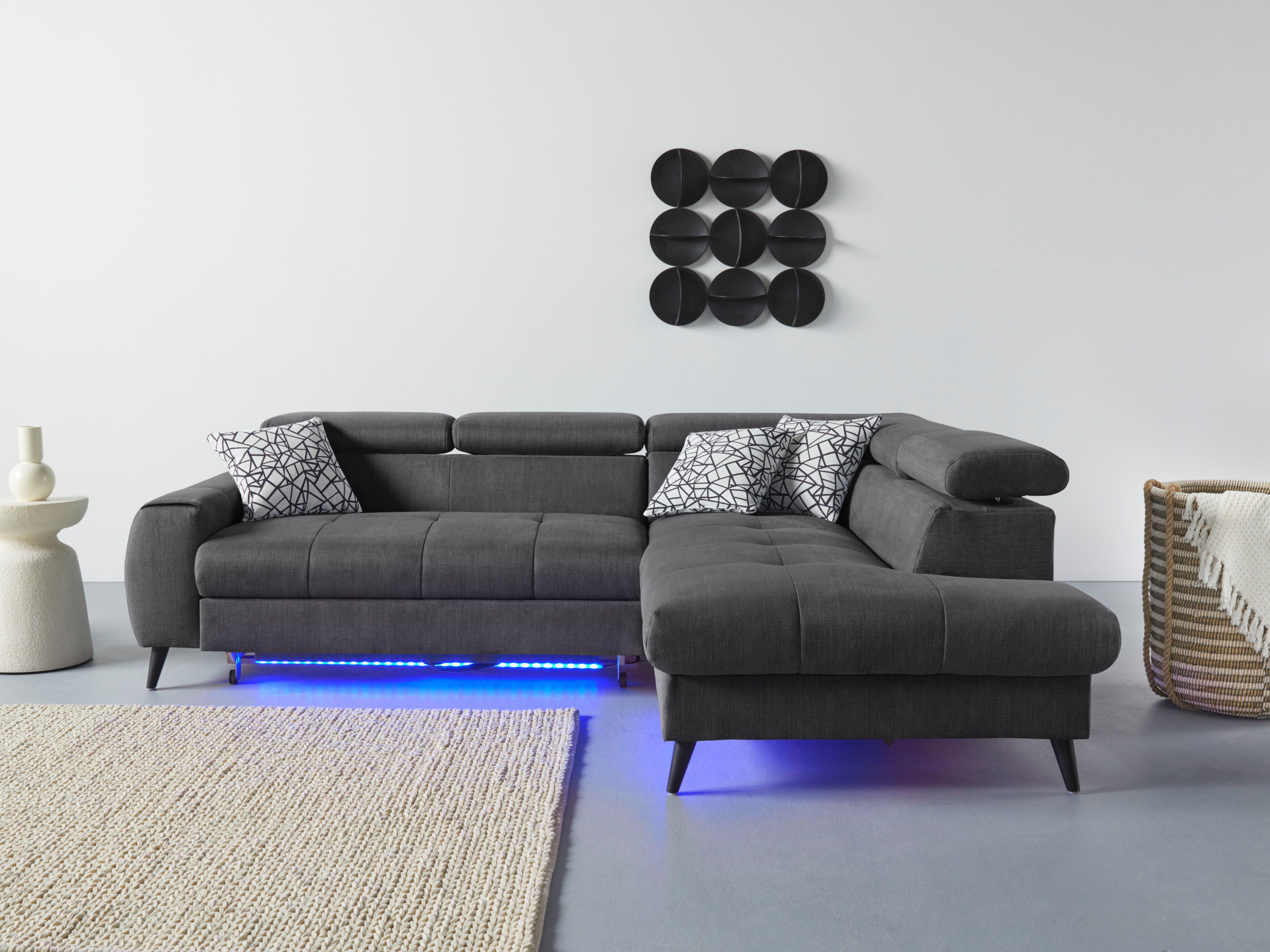 COTTA Hoekbank Mia L-Form mit 3 Zierkissen 3-delige kussenset, ottomane, naar keuze met of zonder rgb-verlichting