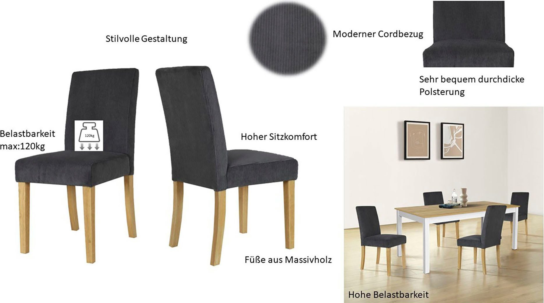 Home affaire Eetkamerstoel Winikon, TOPSELLER!, OTTOs Choice Massief houten frame, moderne cordstof, comfortabel gepolsterd (set)