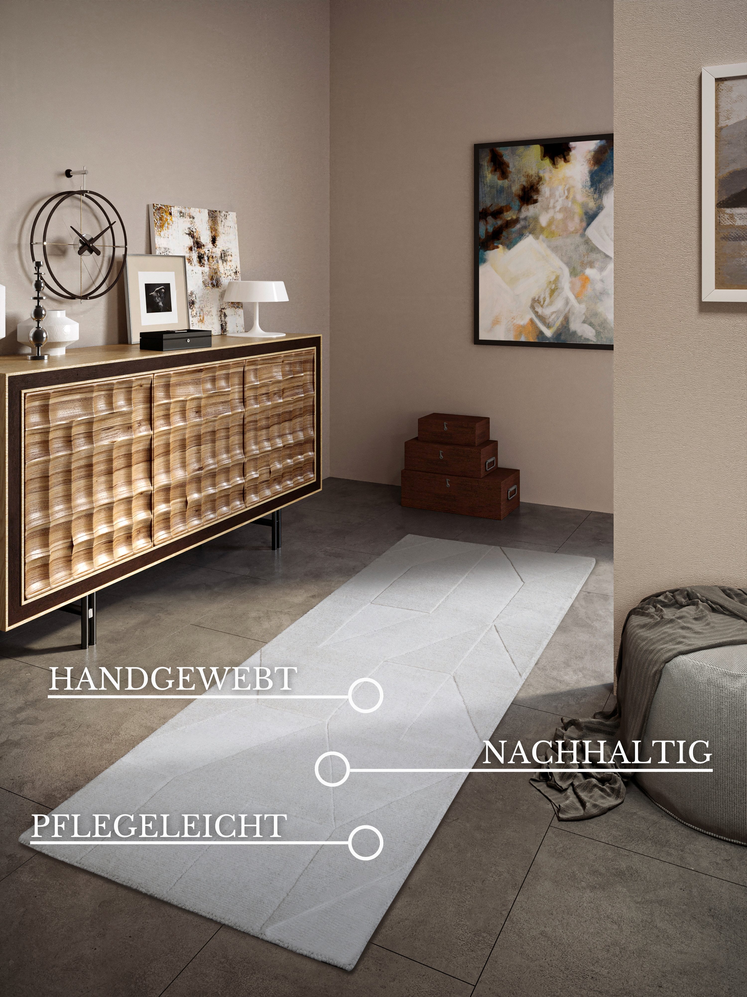 Villeroy & Boch Wollen kleed Ursule Loper, handgeweven, wol, natuur, woonkamer, geometrie, boho