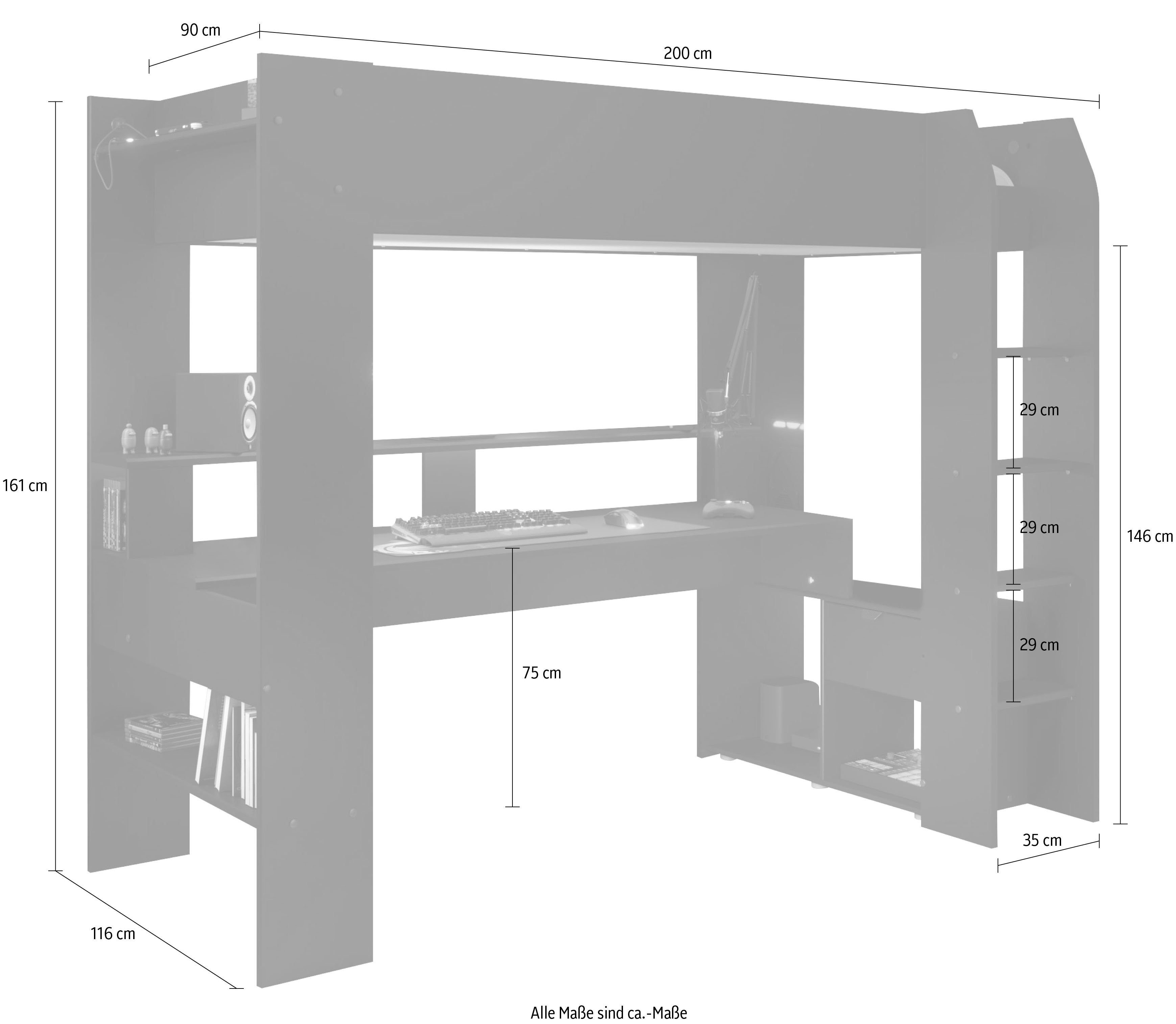 Parisot Hoogslaper Gaming-bed, met bureau, USB-aansluiting, LED, veel opbergruimte