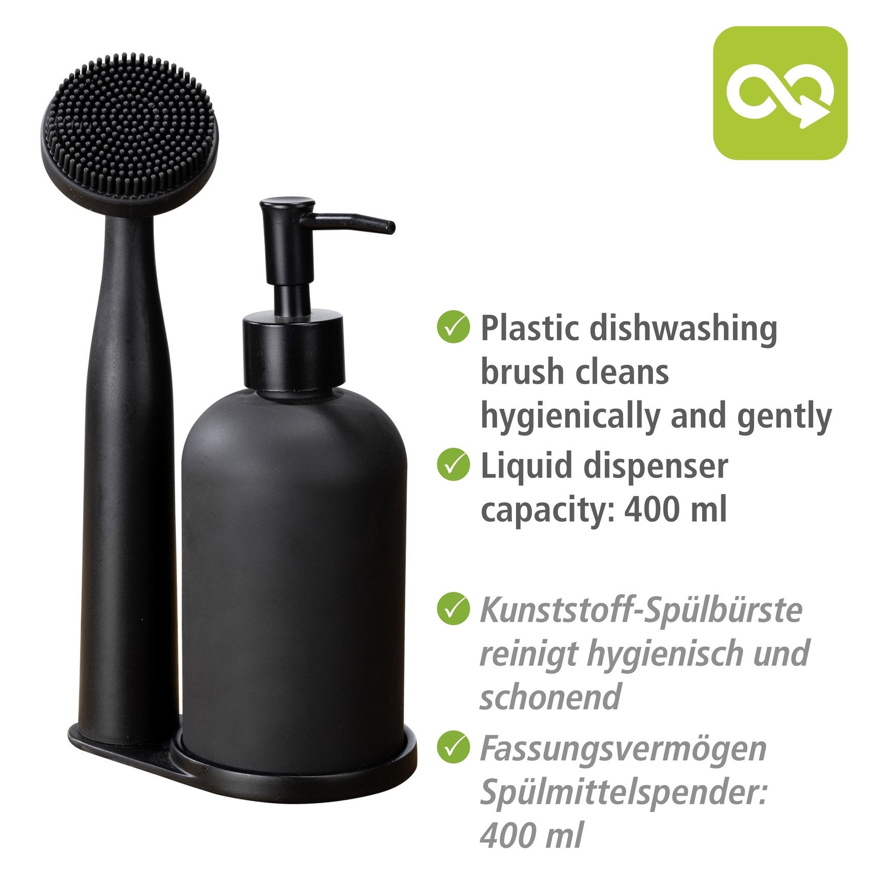 WENKO Dispenser voor afwasmiddel Model Piedo incl. afwasborstel met houder, glas/polyresin (set, 3-delig)