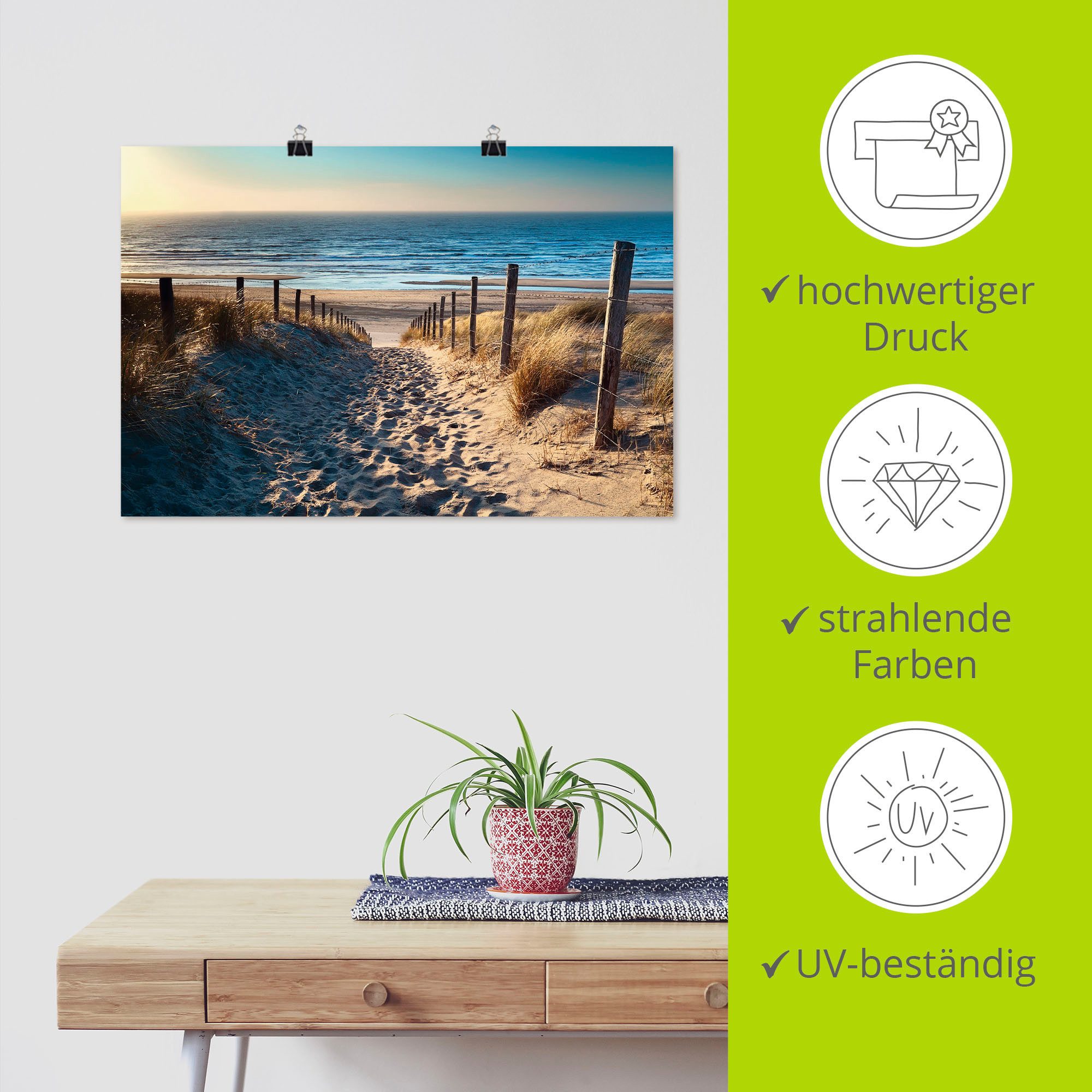 Artland Artprint Weg naar het Noordzeestrand zonsondergang als artprint van aluminium, artprint voor buiten, artprint op linnen, poster, muursticker