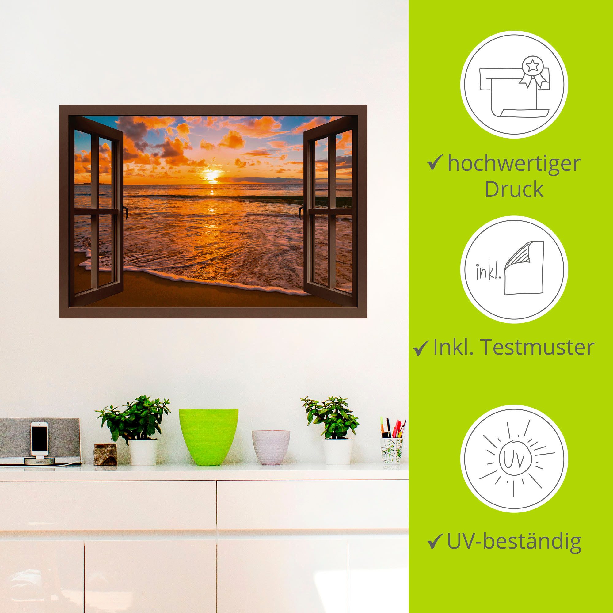 Artland Artprint Blik uit het venster zonsondergang aan het strand als artprint op linnen, poster, muursticker in verschillende maten