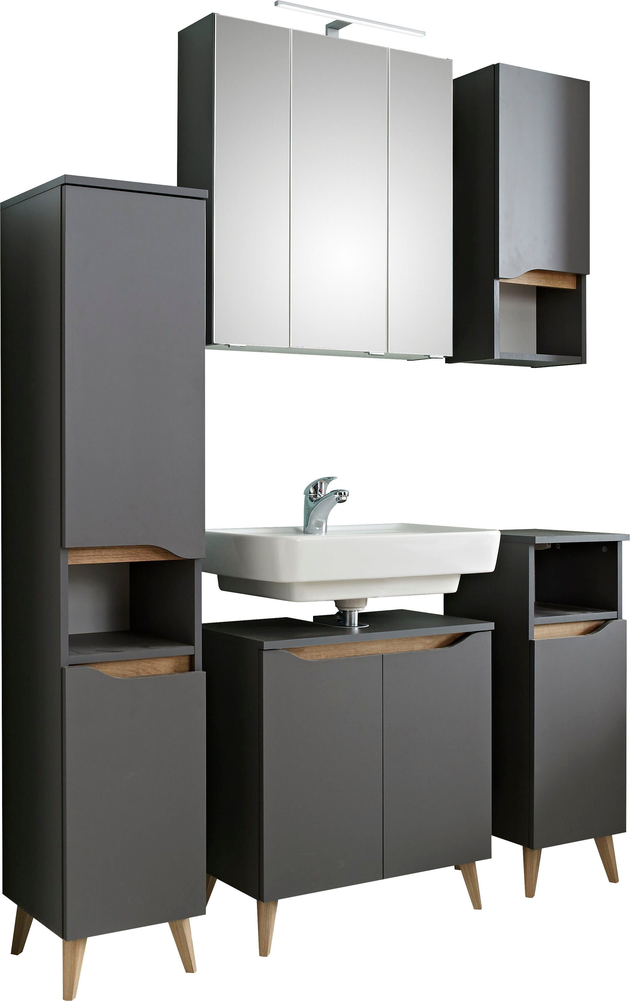 Saphir Badkamerserie Quickset 5-delige wastafelonderkast en LED-spiegelkast Halfhoge kast, onderkast, hangkast, incl. deurdemper, 9 deuren (5-delig)
