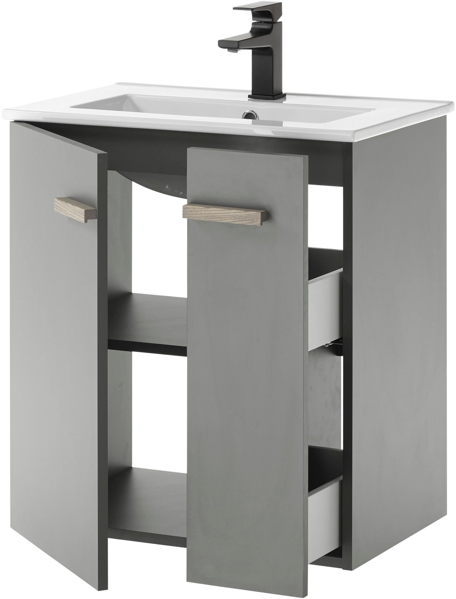 Places of Style Badkamerserie Solid Breedte 60 cm, wastafelonderkast met inbouw-wasbak, spiegel, opbouwarmatuur (2-delig)