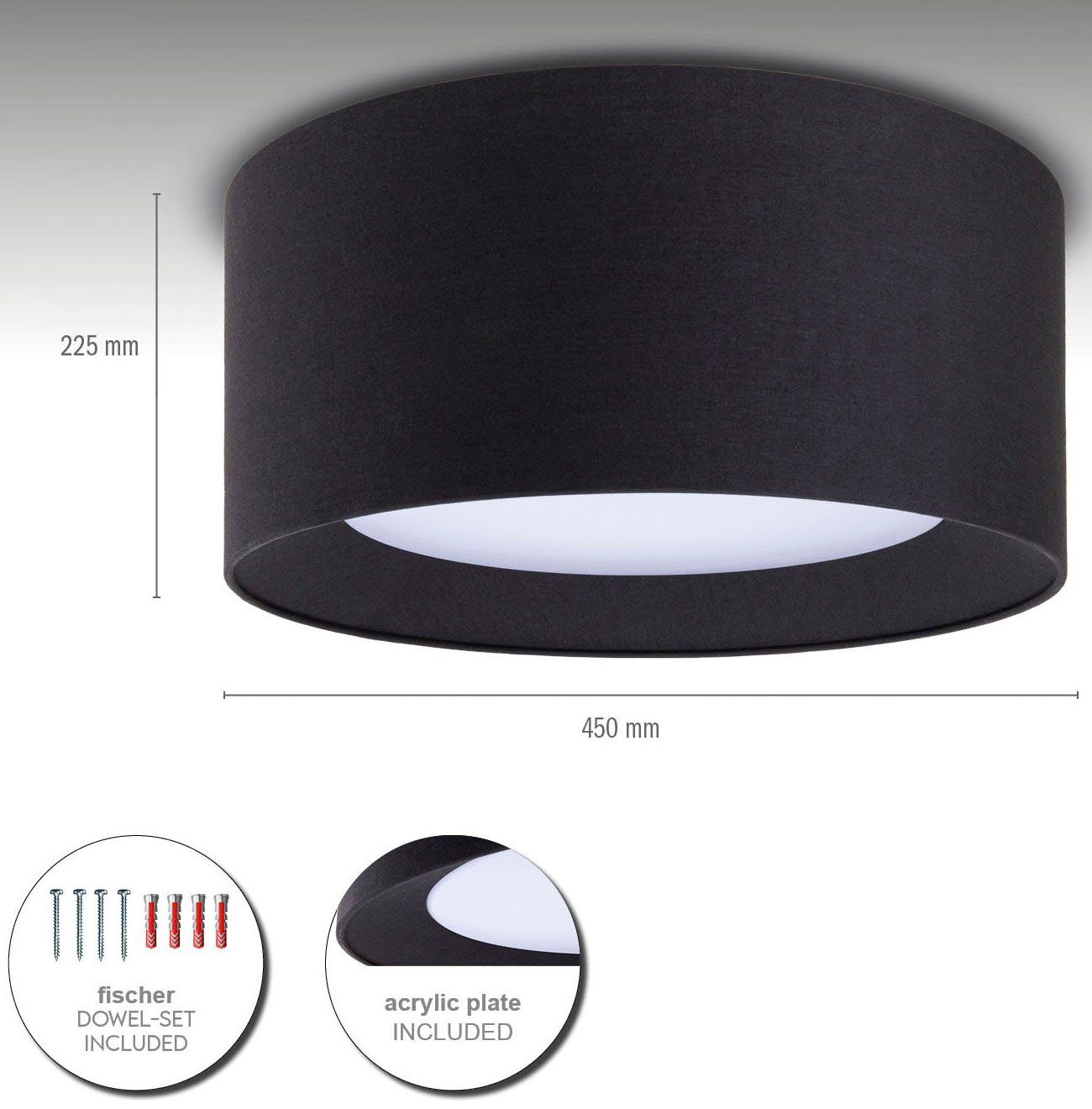 Paco Home Plafondlamp Om Rond kantoor textielkap 3 x E27 modern gesloten uni