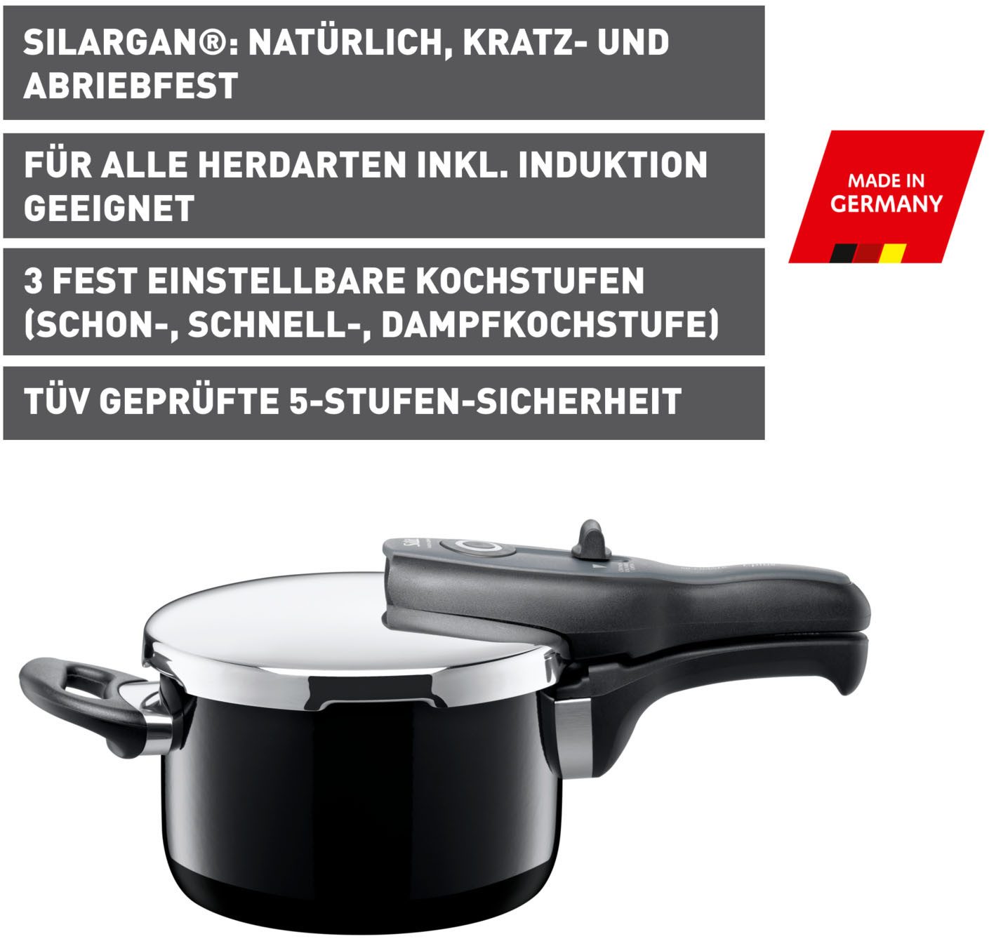 Silit Snelkookpan SICOMATIC T-PLUS, inductiepan vaatwasmachinebestendig geschikt voor alle gangbare fornuizen, 3 kookstanden, made in germany