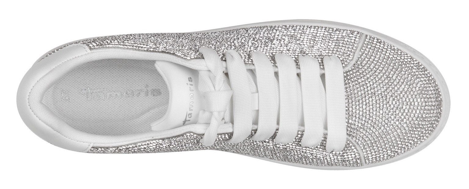 Tamaris Plateausneakers , vrijetijdsschoen, lage schoen, veterschoen in zilver-glitterlook