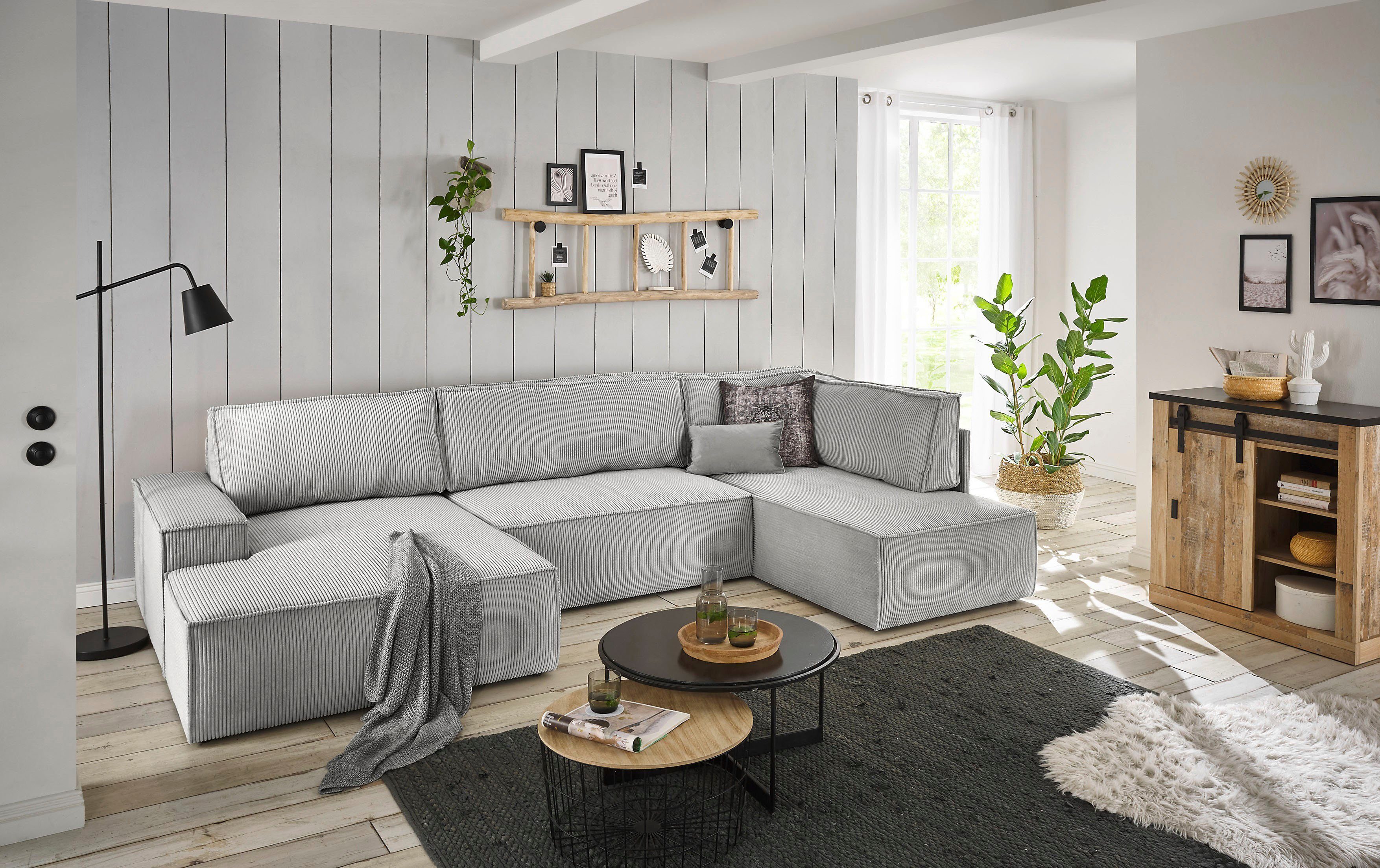 Home affaire Zithoek SHERWOOD 329 cm, U-vorm, slaapbank, Slaapfunctie met bedkist (194x139 cm), cord, vintage, fluweel