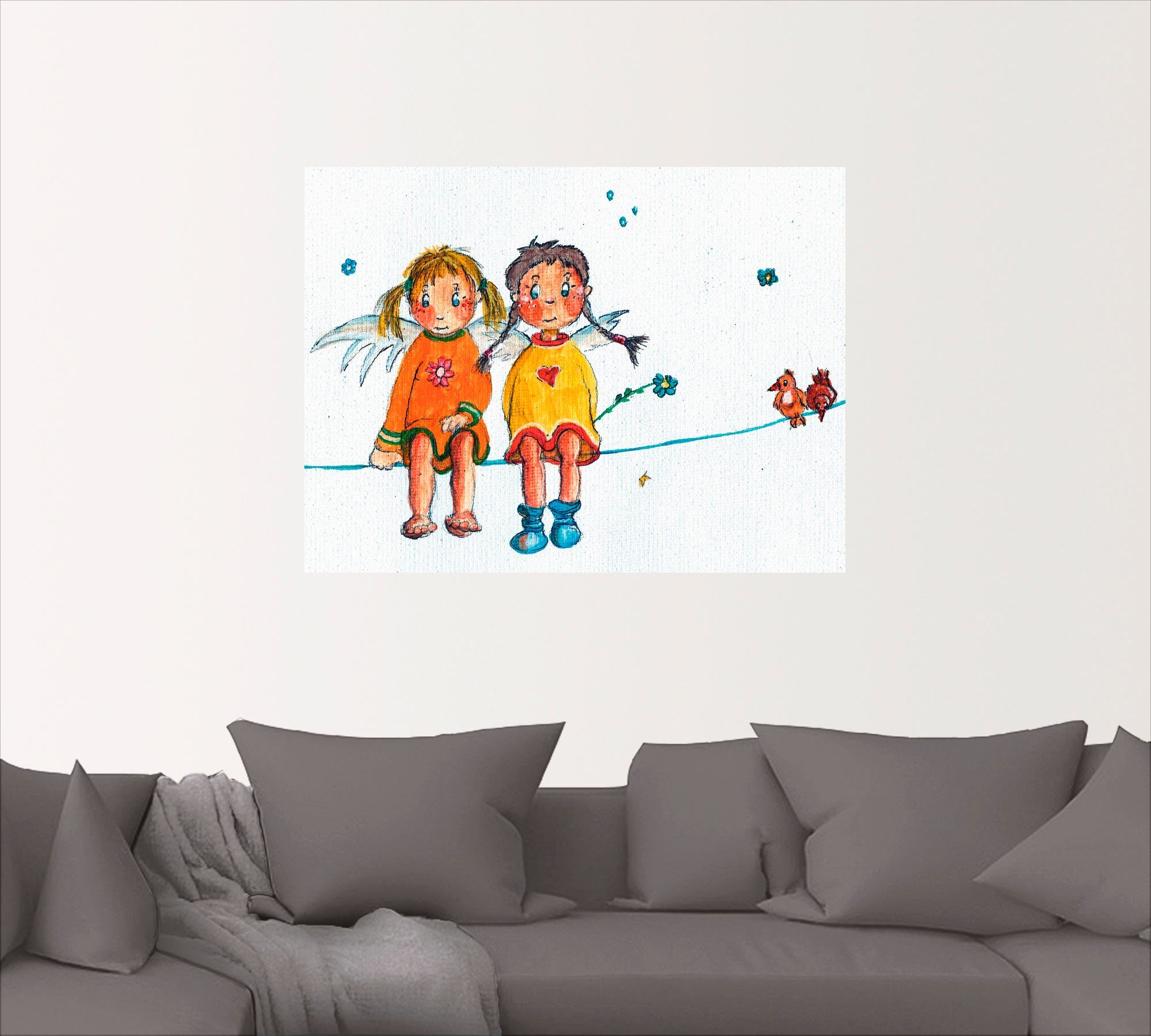 Artland Artprint Twee engeltjes zitten op de waslijn als artprint op linnen, muursticker in verschillende maten