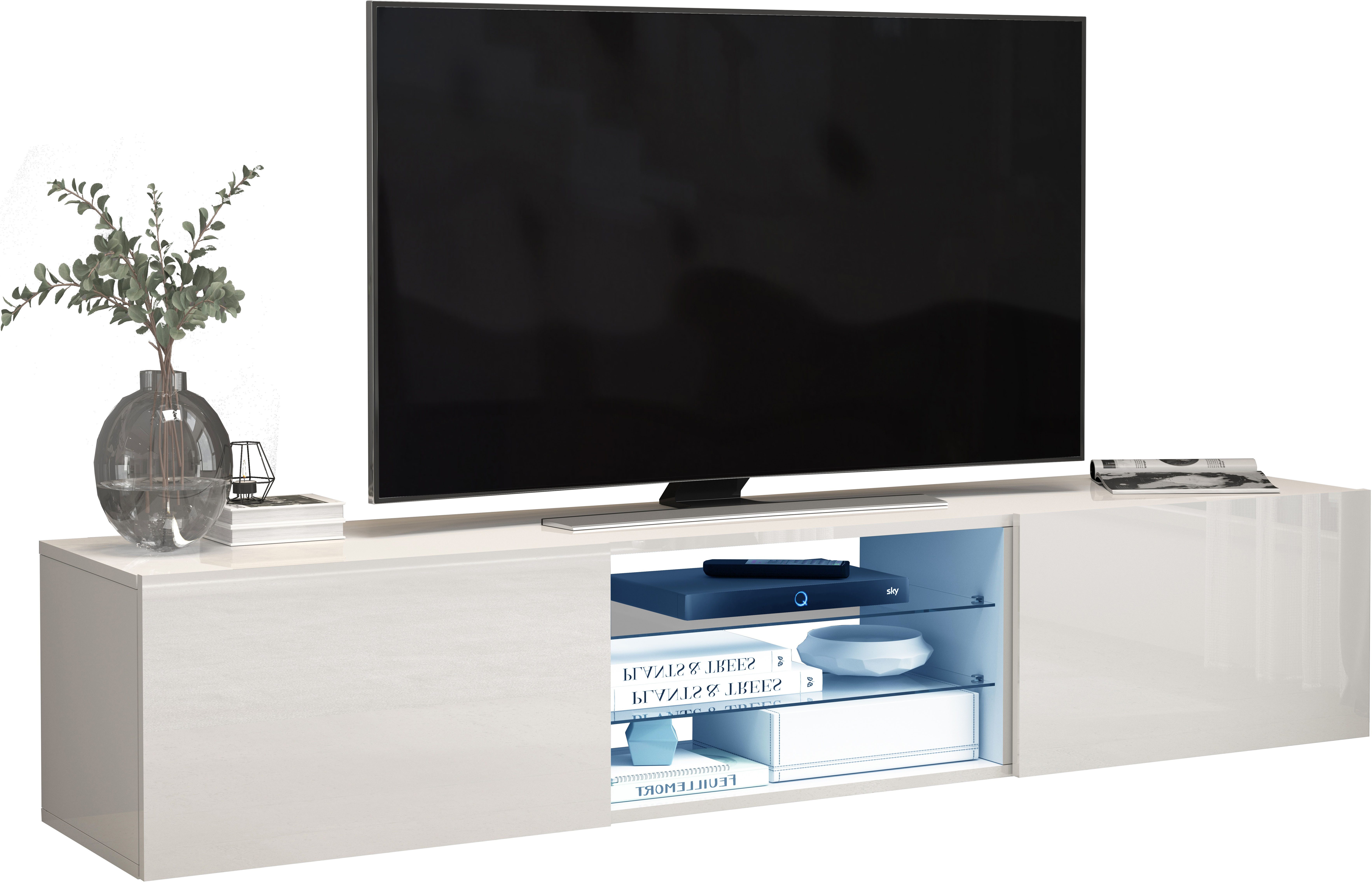 INOSIGN Tv-meubel Egypt, Lowboard, TV-ladekast, TV-meubel, TV-bank met 2 kleppen, 2 glazen planken, volledig hoogglans gelakt (b/d/h) 180x38x35 cm