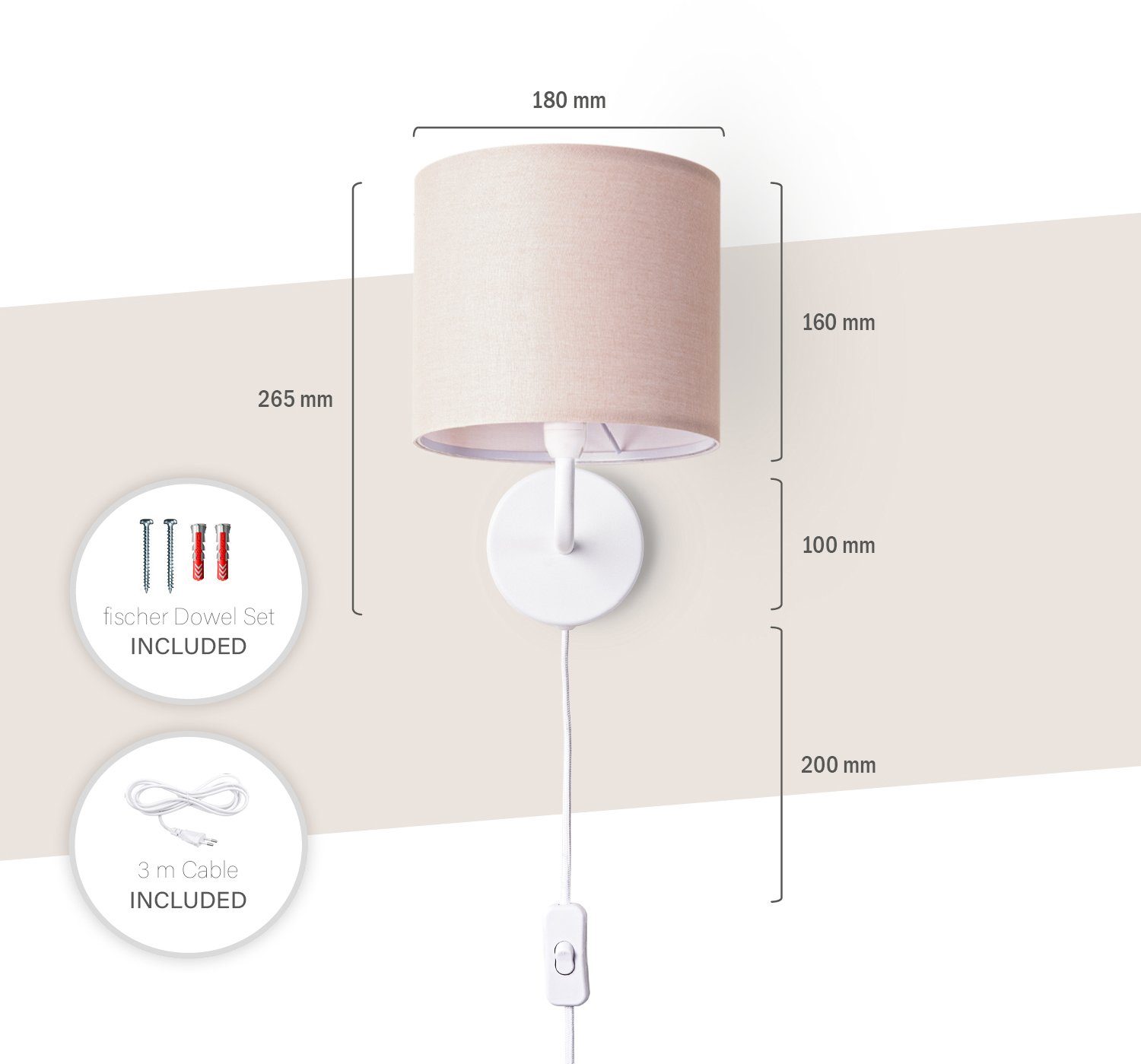 Paco Home Wandlamp Uni Color Wandlamp schakel gang woonkamer Ø…18cm effen decor kabel 3m E14