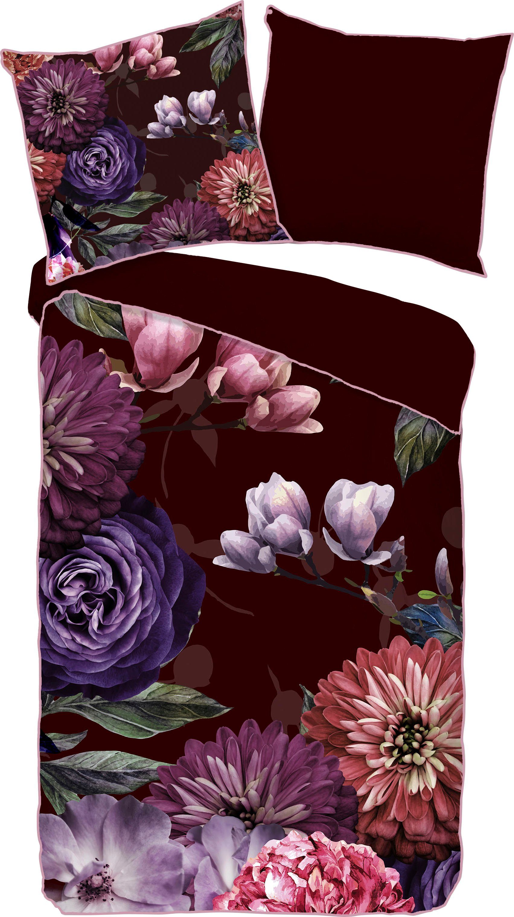 Descanso Tweezijdig te gebruiken overtrekset Bloomie Katoen, Satijn, 135x200, Bies, Rits, Omkeerbaar, Bloemen
