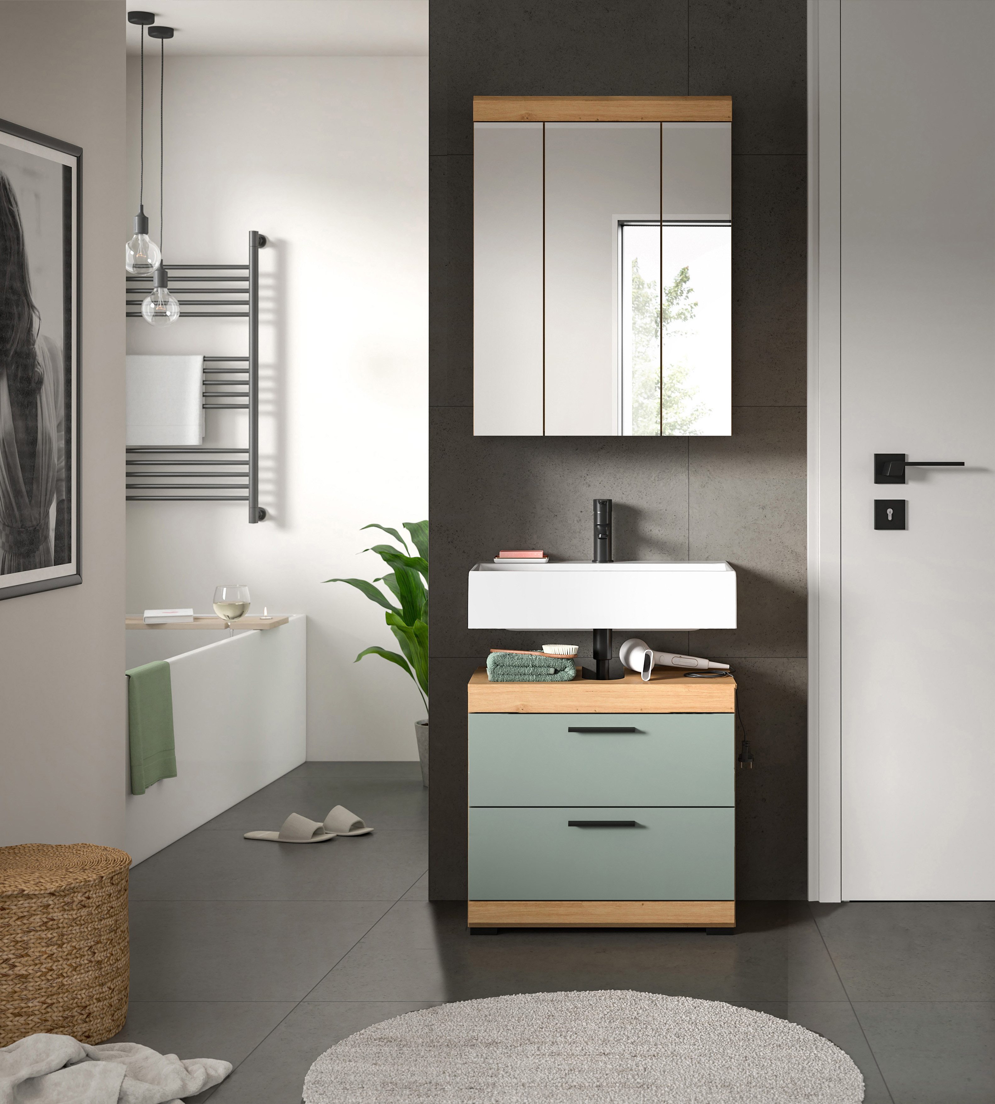 INOSIGN Badkamerserie Siena, 2-delig, bestaande uit: onderkast voor wastafel, spiegelkast in verschillende kleuren verkrijgbaar, badkamermeubels, combinatie, badkamer (set, 2-delig)