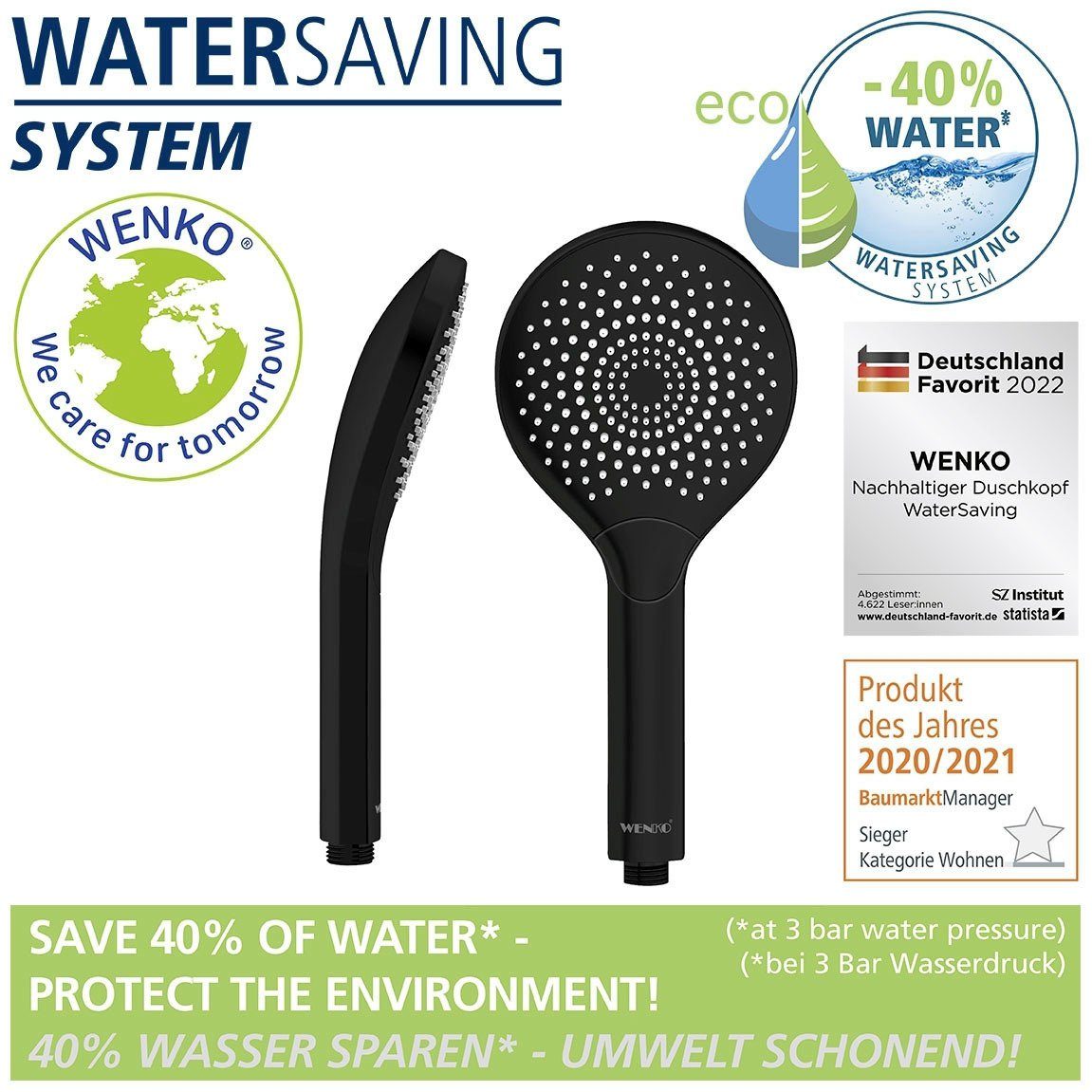 WENKO Handsproeier Watersaving Zwart mat, Ø 12 cm (1-delig)