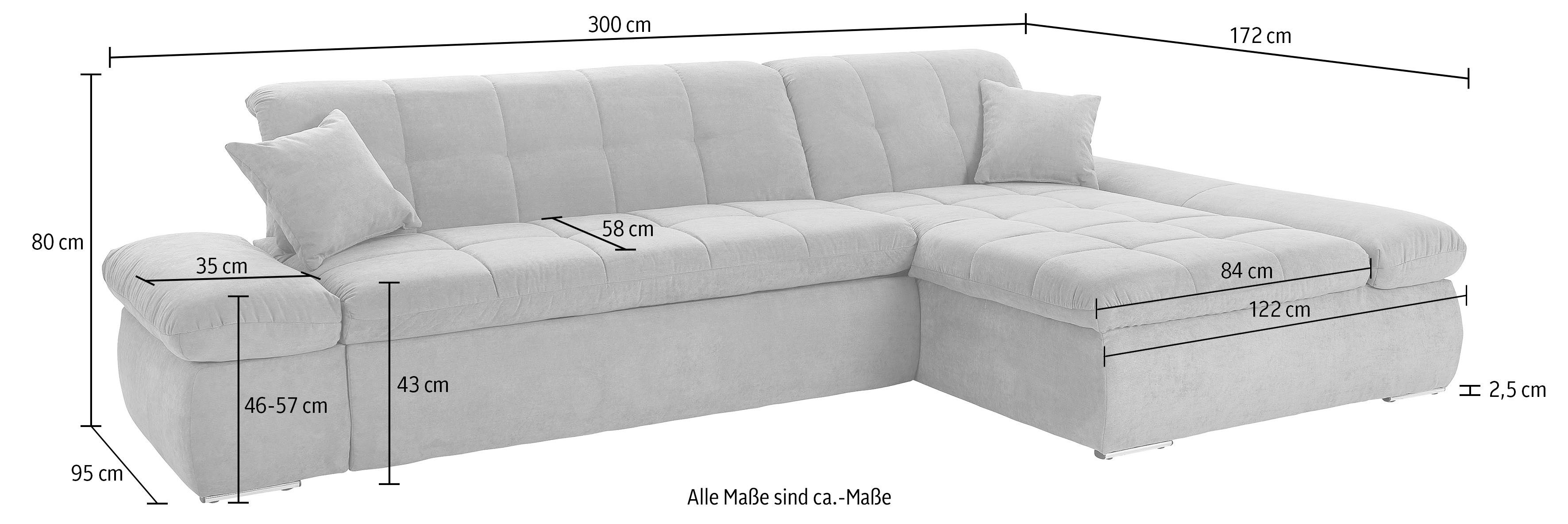 DOMO collection Hoekbank NMoric XXL, B/D/H: 300/172/80cm, L-vorm naar keuze met slaapfunctie en verstelbare armleuning