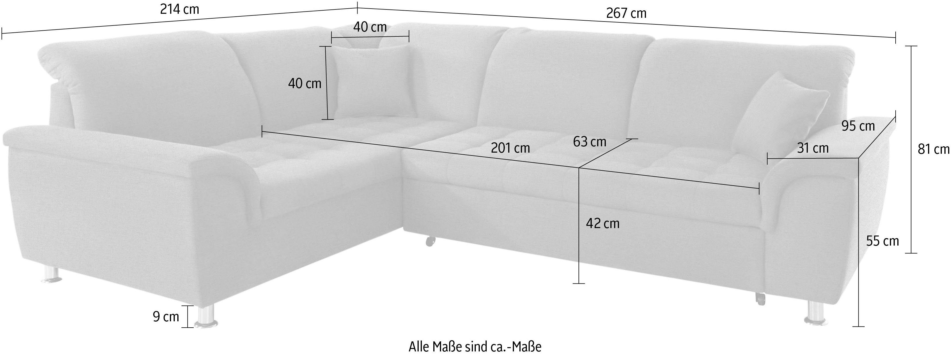 DOMO collection Hoekbank Franzi L-vorm naar keuze met verstelbare hoofdsteun (dan breedte: 275 cm)