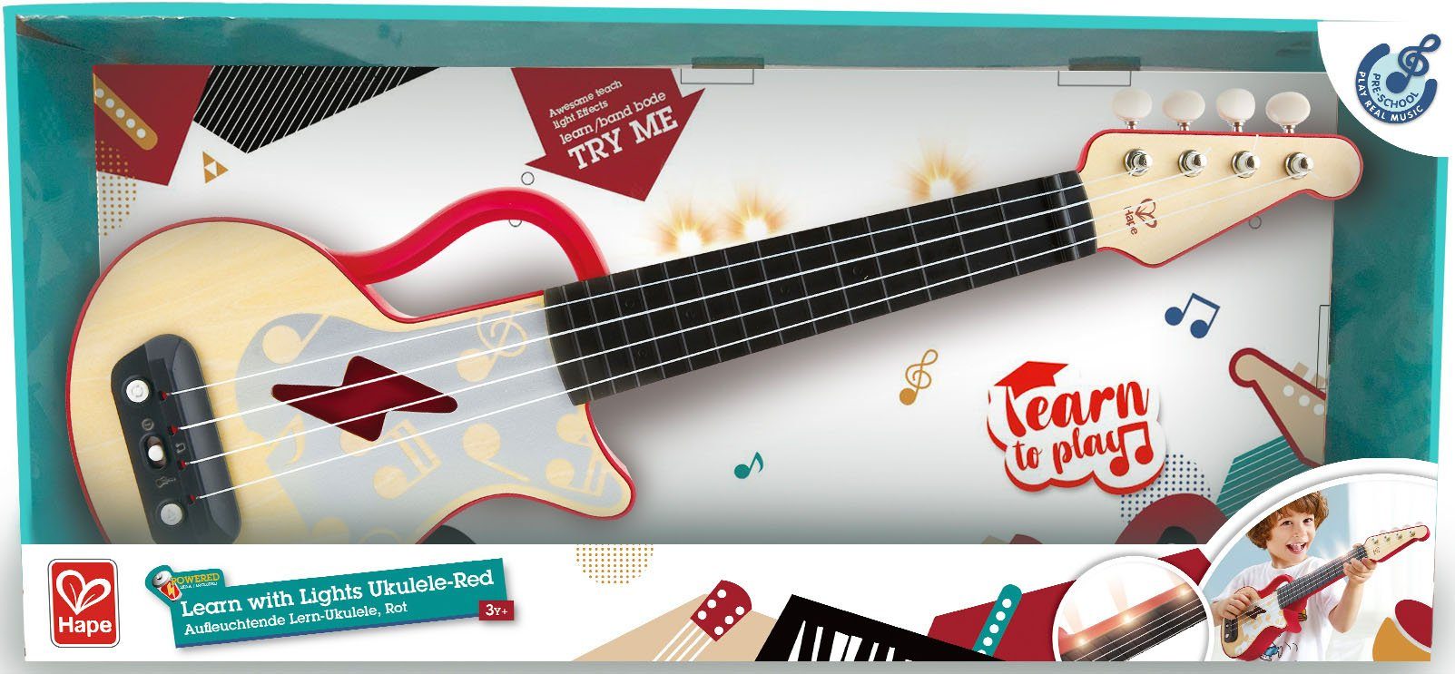 Hape Speelgoed-muziekinstrument Elektrische oefen-ukulele, rood