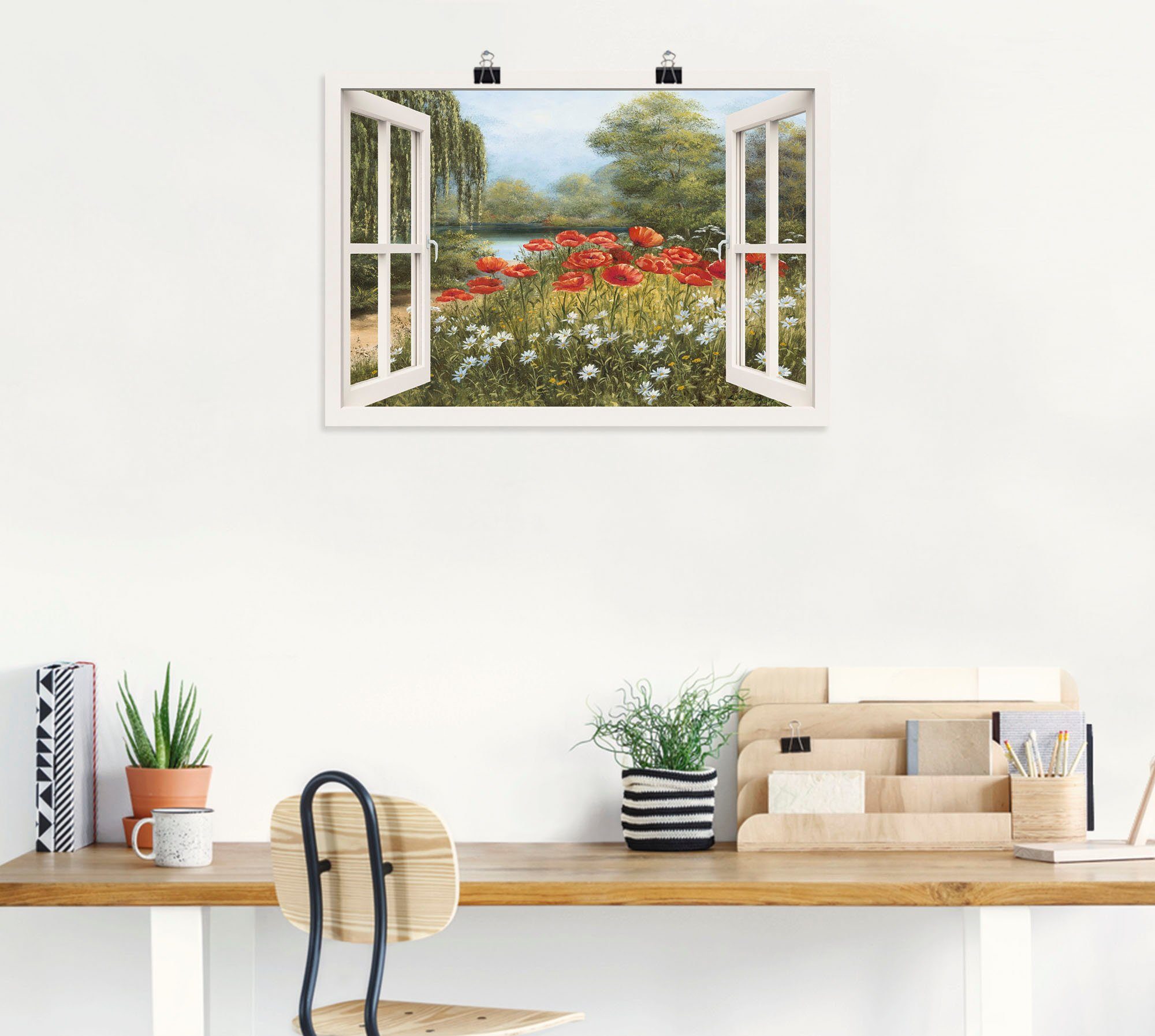 Artland Artprint Blik uit het venster klaproosweide als artprint op linnen, poster in verschillende formaten maten
