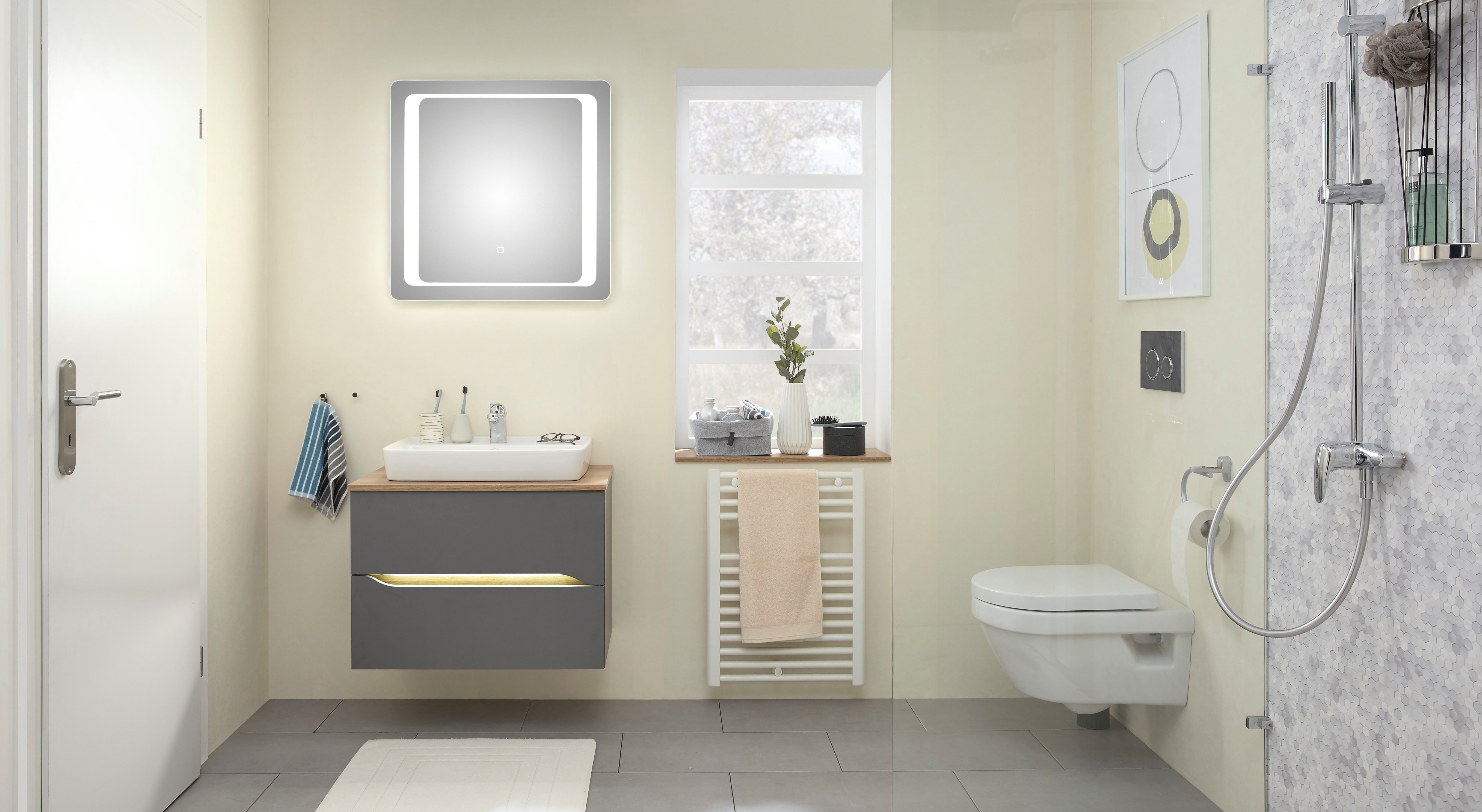 Saphir Badkamerserie Quickset 2-delig, keramieken opzetwasbak met led-spiegel Wastafelmeubel 73 cm breed, inclusief deurdemper, 2 laden (5-delig)