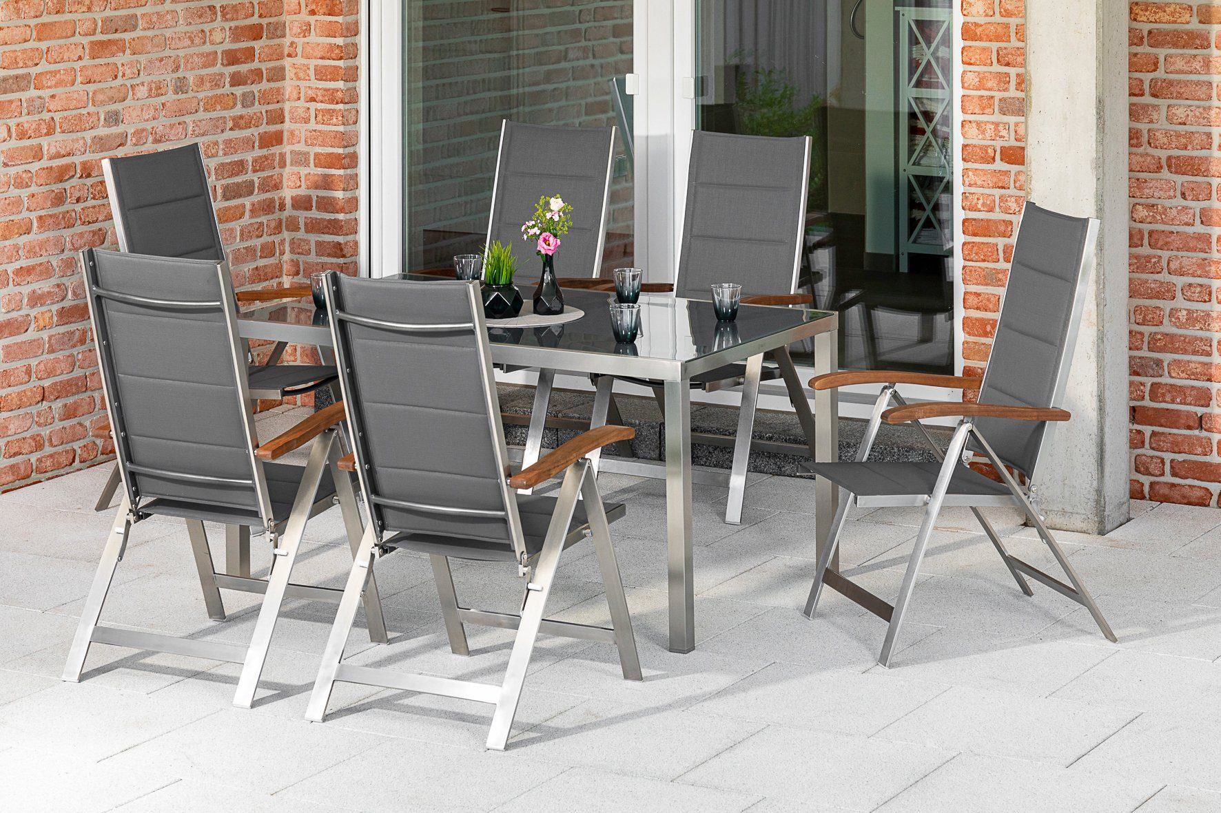 MERXX Tuin-eethoek Ferrara 6 klapstoelen met tafel (7-delig) tuinsets grijs