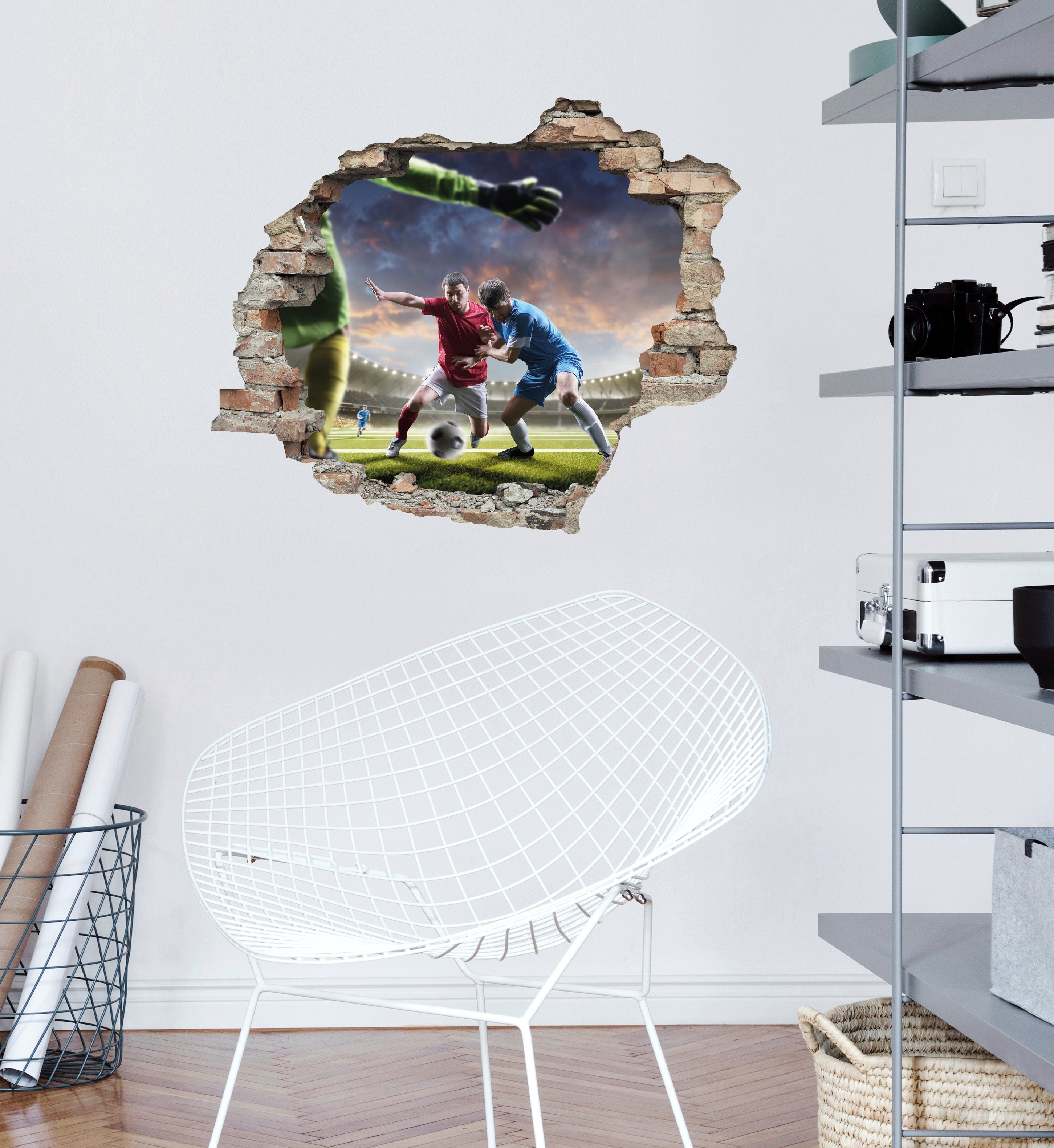 queence Wandfolie Voetbal duel Muursticker, muurdecoratie, zelfklevend, 3D, muurdurchbraak (1 stuk)