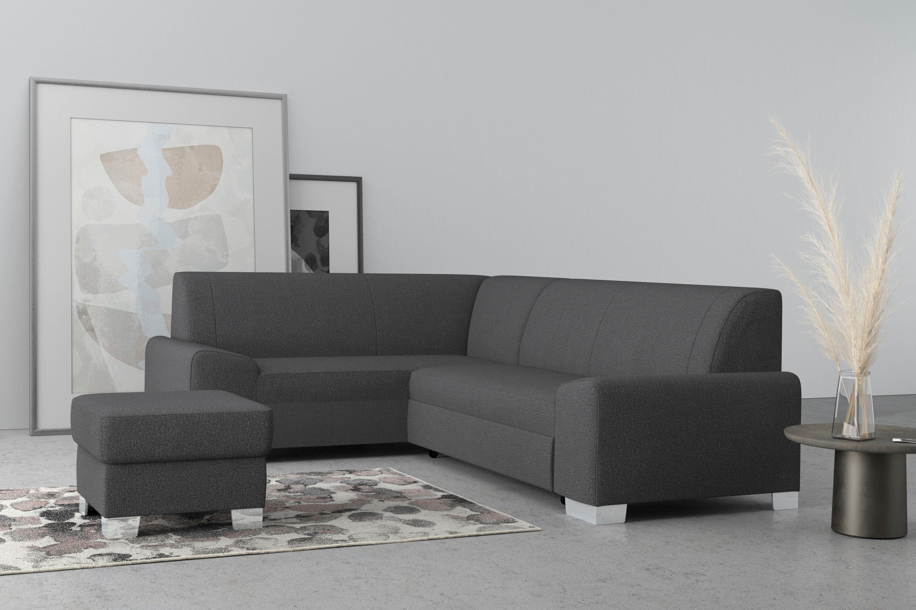 DOMO collection Hoekbank Anzio in kubistische vormtaal, platte armleuningen, L-vorm Naar keuze met bedfunctie en binnenvering voor hoog zitcomfort