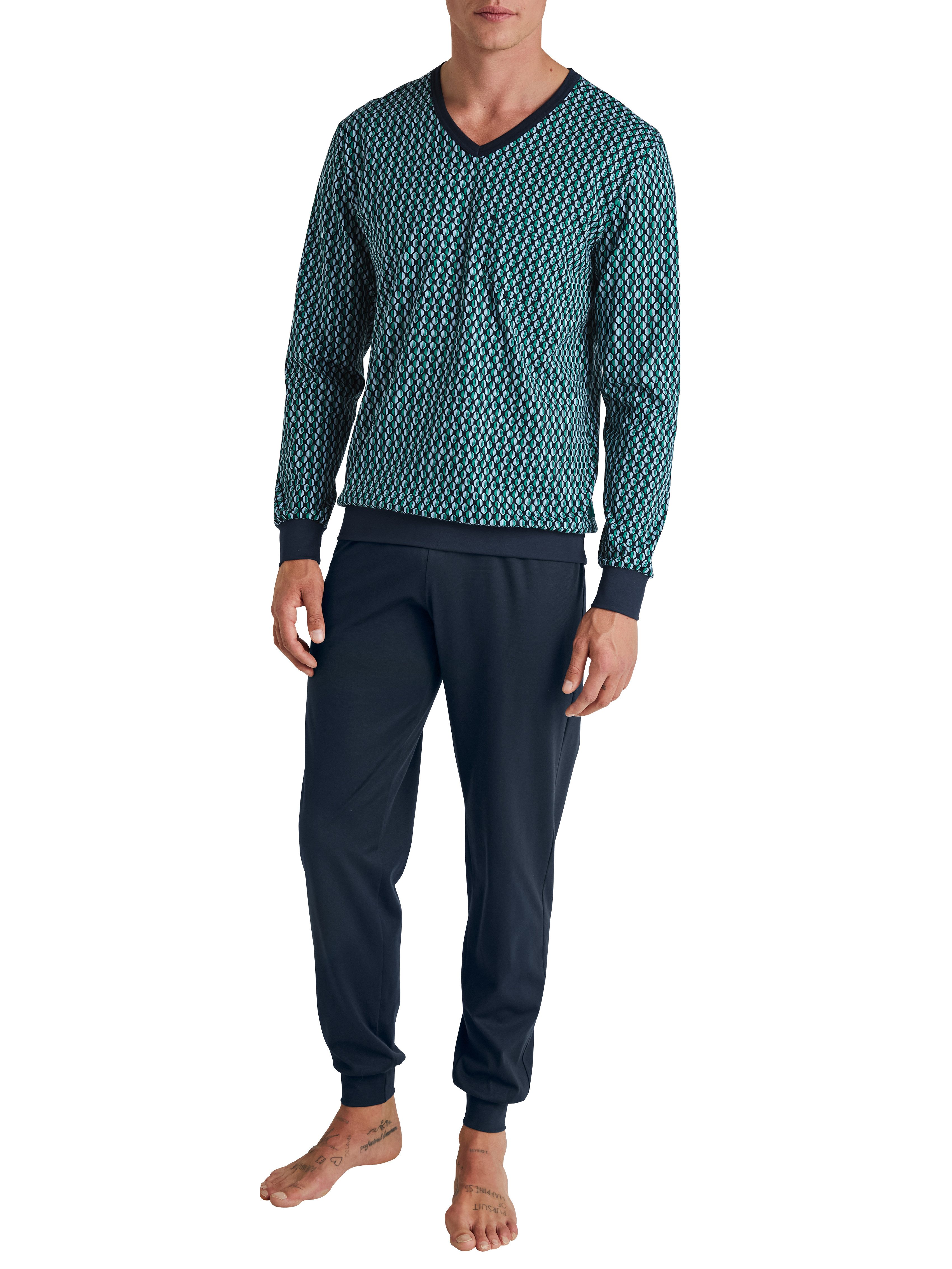 CALIDA Pyjama Relax Imprint Gemusterd bovenstuk met V-halslijn (2-delig)