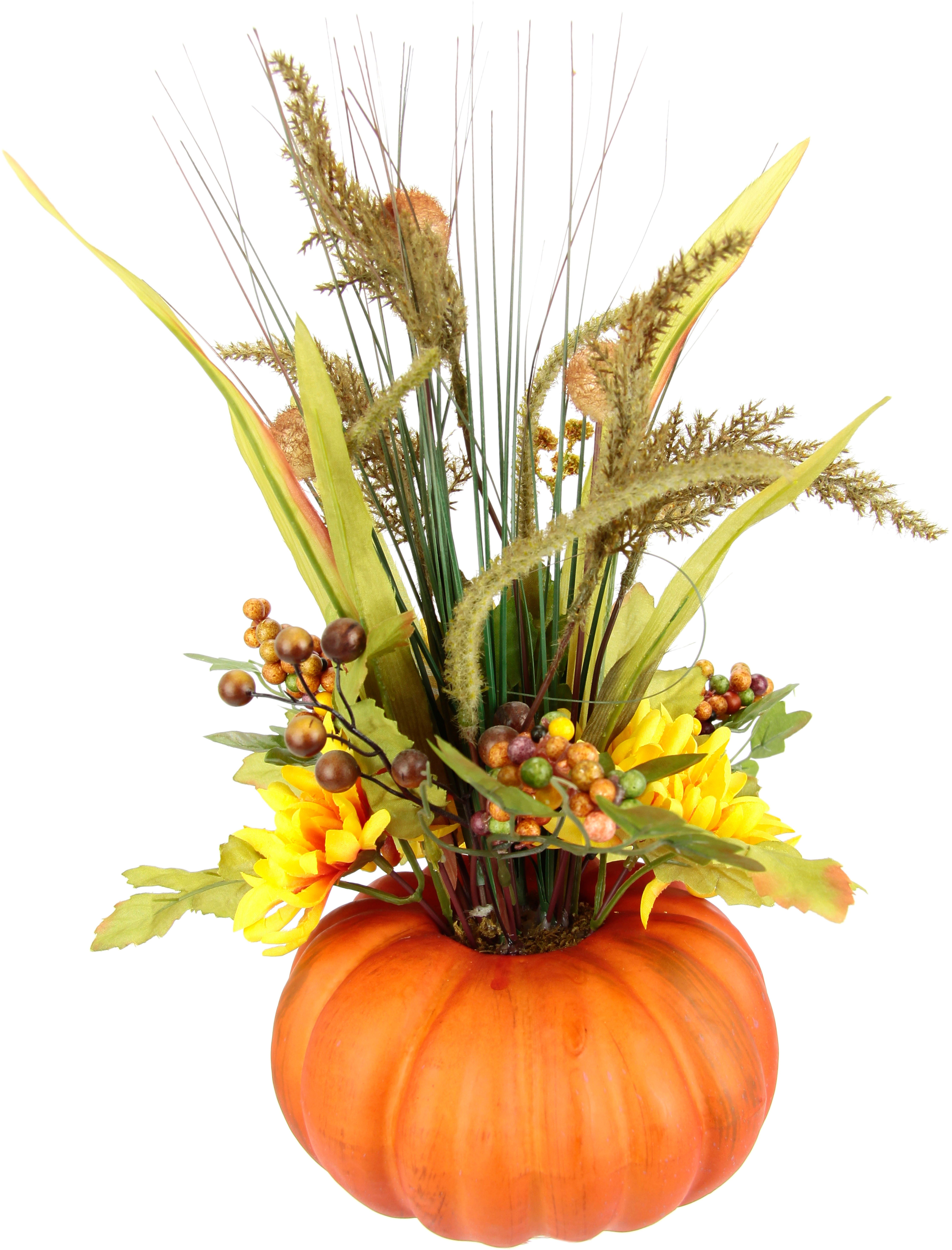 I.GE.A. Kunstbloem Arrangement van dahlia’s bessen grassen in pompoen Arrangement met kunstbloemen decoratie herfstdecoratie (1 stuk)