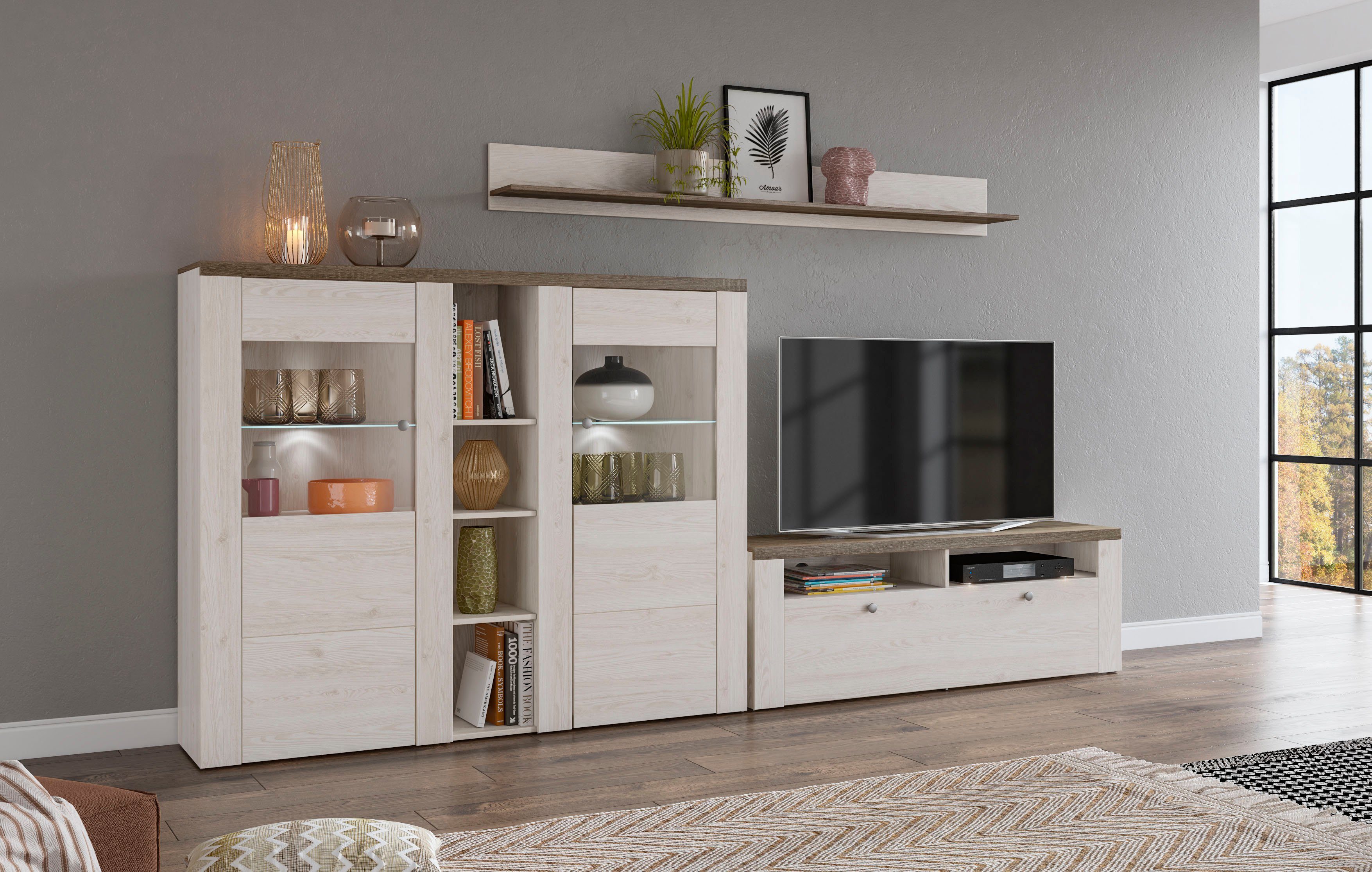 Home affaire Wandmeubel Larona, Woonwand, 3-delig set, bestaande uit 1 tv-kast, 1 hoge kast, 1 wandplank (3 stuks)