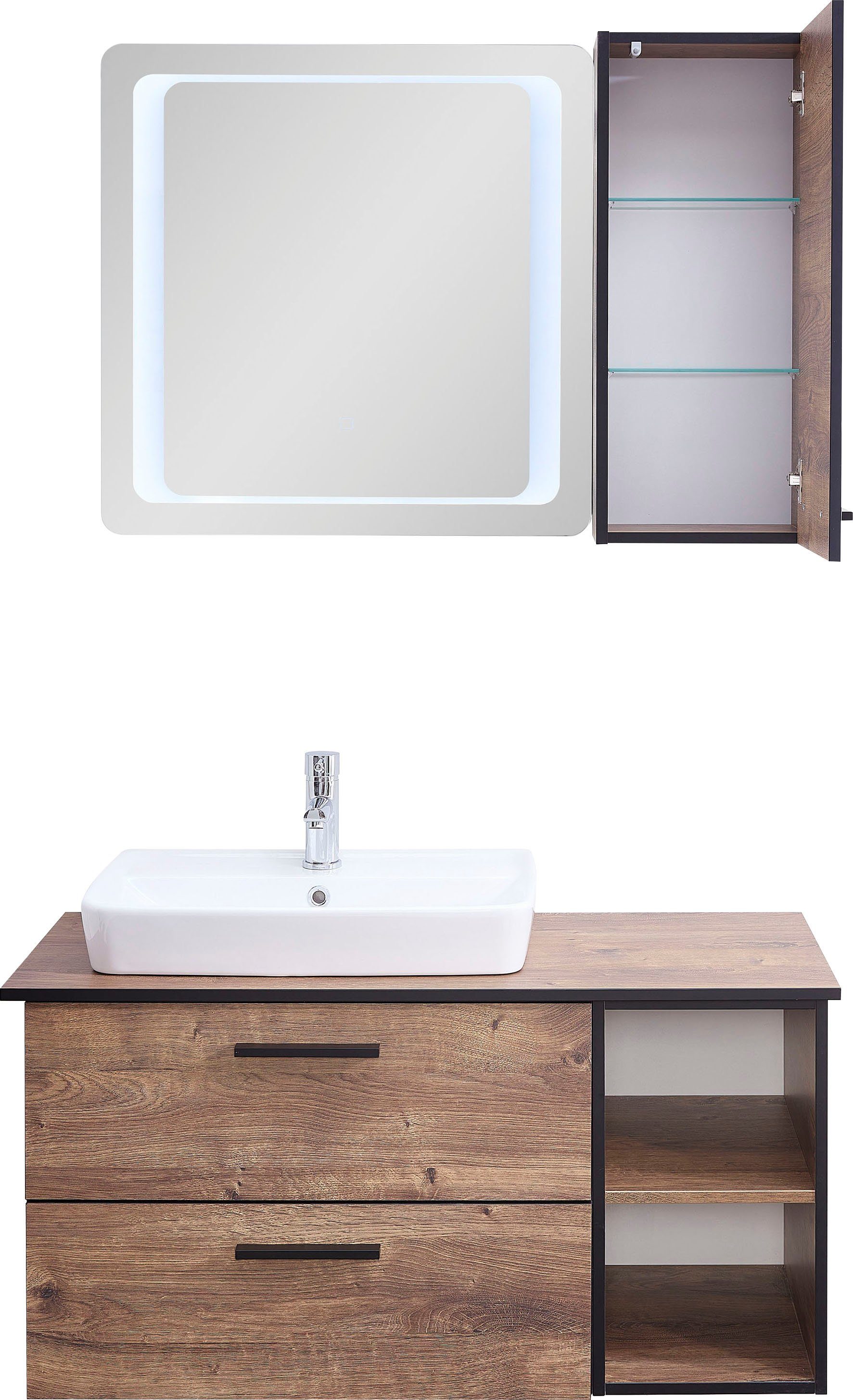 Saphir Badkamerserie Quickset 374 3-delig, keramische opzetwasbak met LED-spiegel 103 cm breed, 1 deur, 2 laden, 2 open vakken, incl. deurdempers (6-delig)