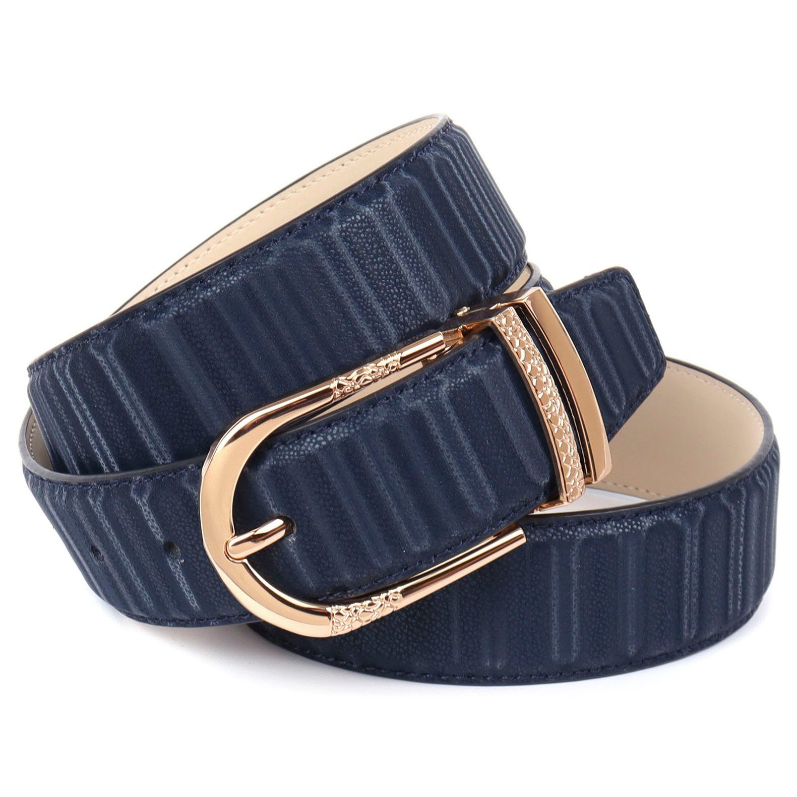 Anthoni Crown Leren riem met filigraan verwerkte goudkleurige pingesp dames brede riemen maat 75 blauw