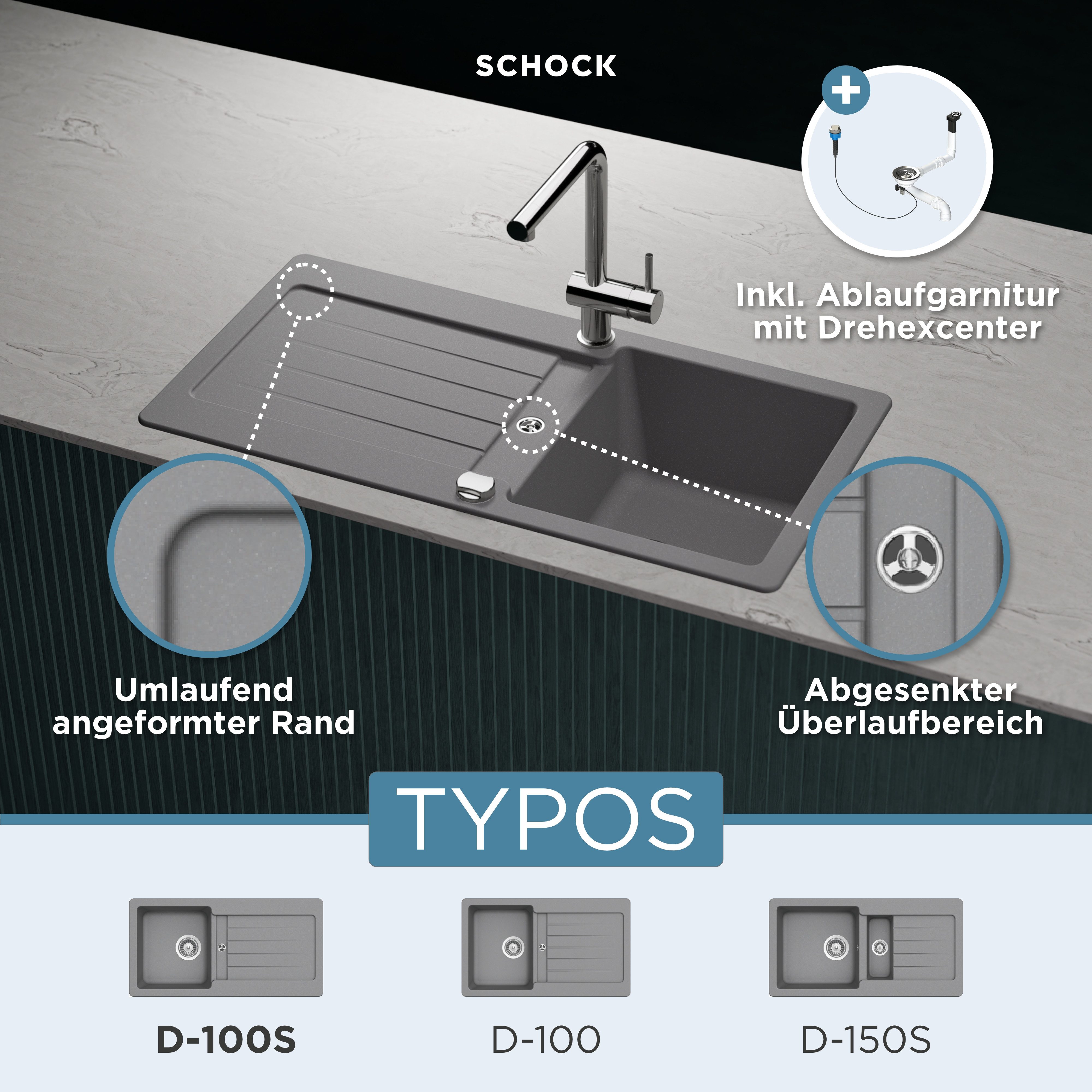 Schock Granieten spoelbak Typos D-100 S met afvoer en druppelzone, links en rechts in te bouwen