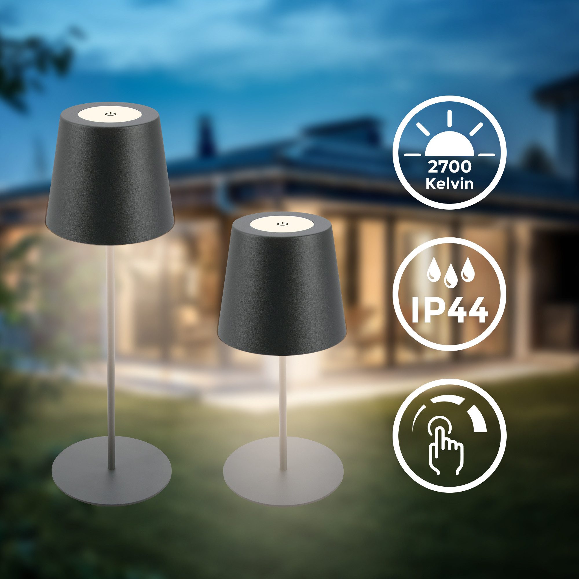 B.K.Licht Tafellamp voor buiten BK_TL1593 Accu LED tafellamp, 3-niveau touchdimmer, met USB 2.700 k, 200 lm, 2,5w, ip44, 12h brandduur, 36 x 10,5 cm, antraciet (1 stuk)