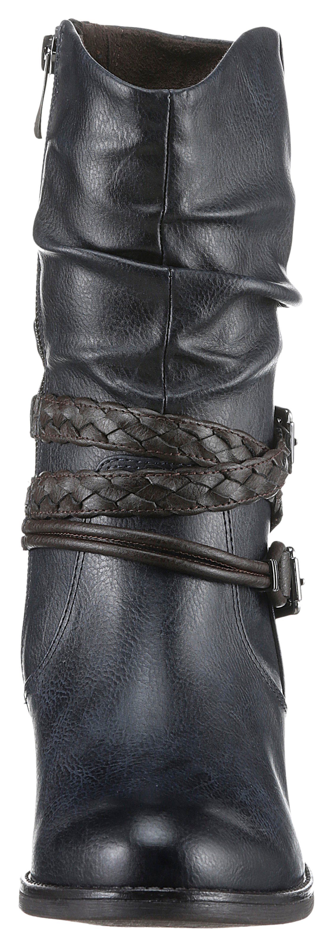 Marco Tozzi Cowboy laars blokhak, korte laarzen, westernlaarsjes met gevlochten decoratieve bandjes