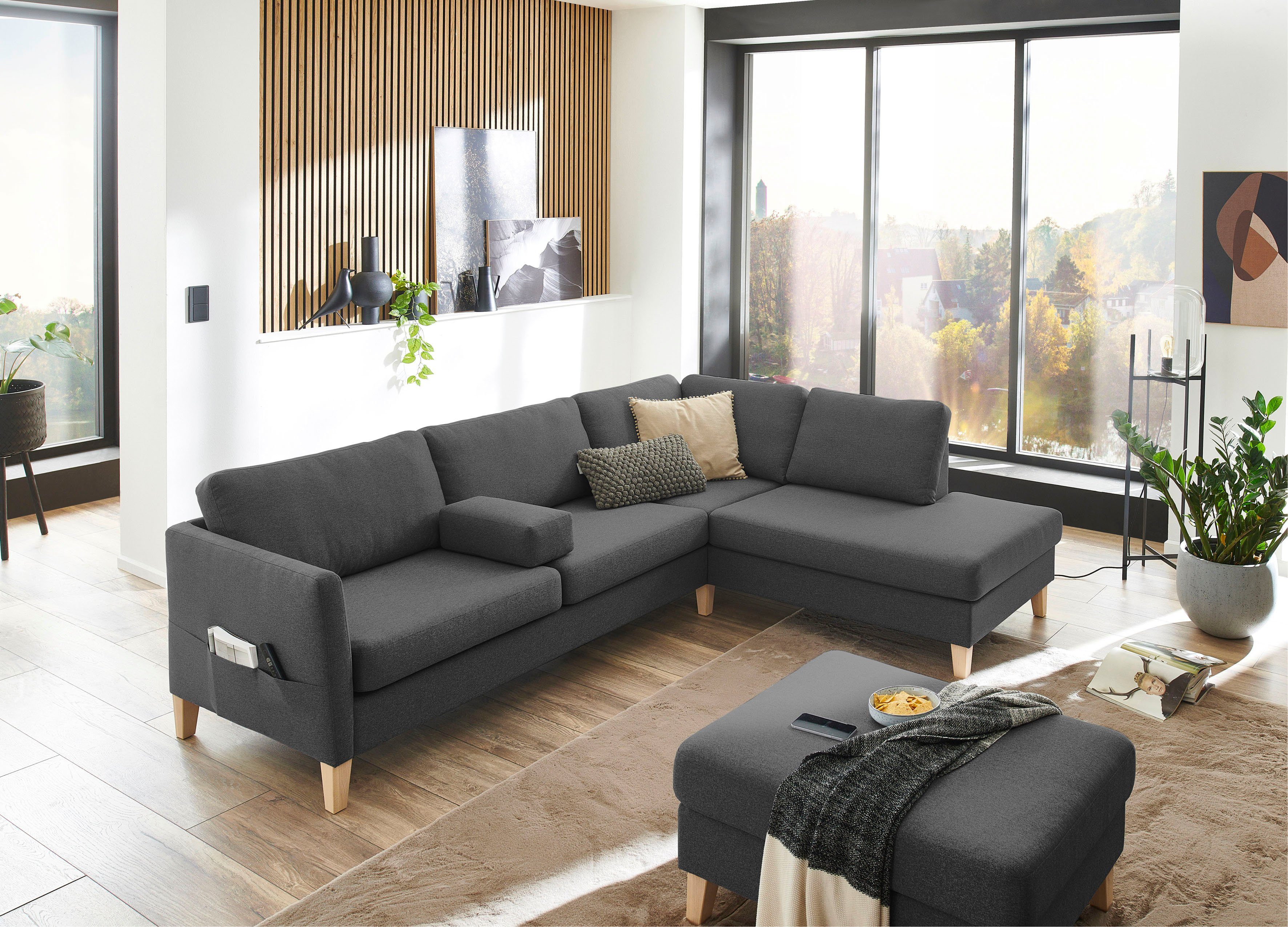 ATLANTIC home collection Hoekbank Mailo L-vorm met zakken opzij en ottomane, met massief houten poten grijs, hoekbanken, 255 cm