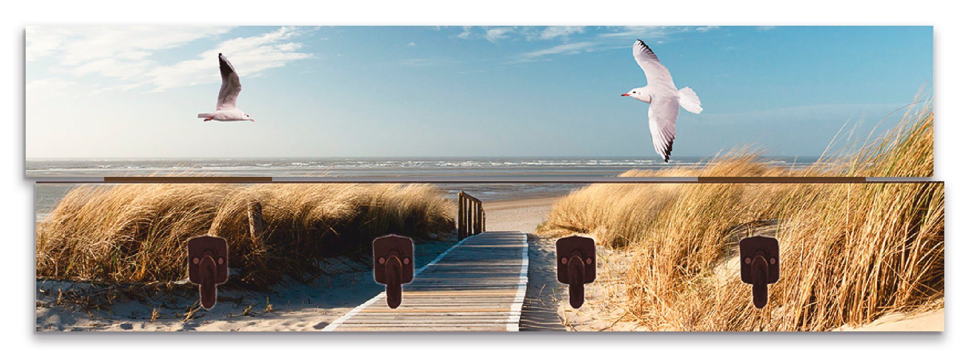 Artland Kapstokpaneel Noordzeestrand op Langeoog met meeuwen ruimtebesparende kapstok van hout met 4 haken, geschikt voor kleine, smalle hal, halkapstok