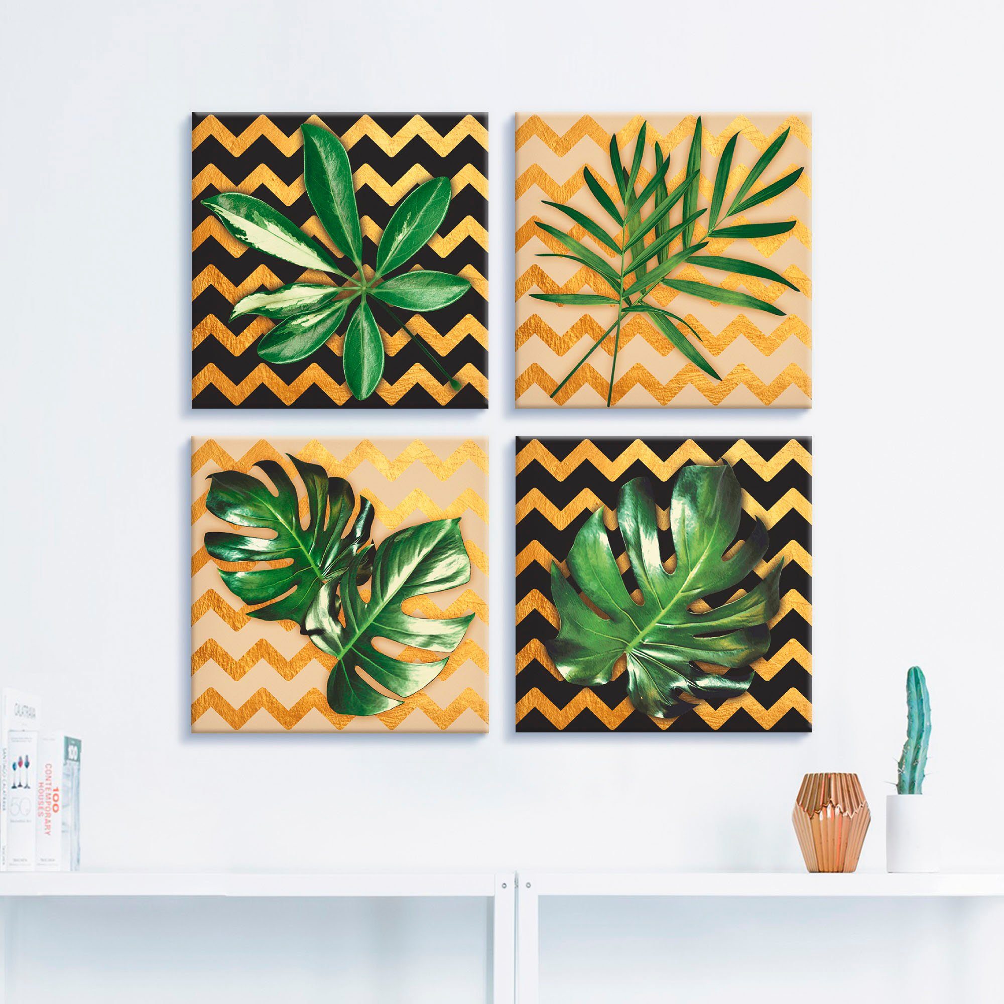Artland Artprint op linnen Blaadjes zigzagmotief set van 4, verschillende maten (4-delig)