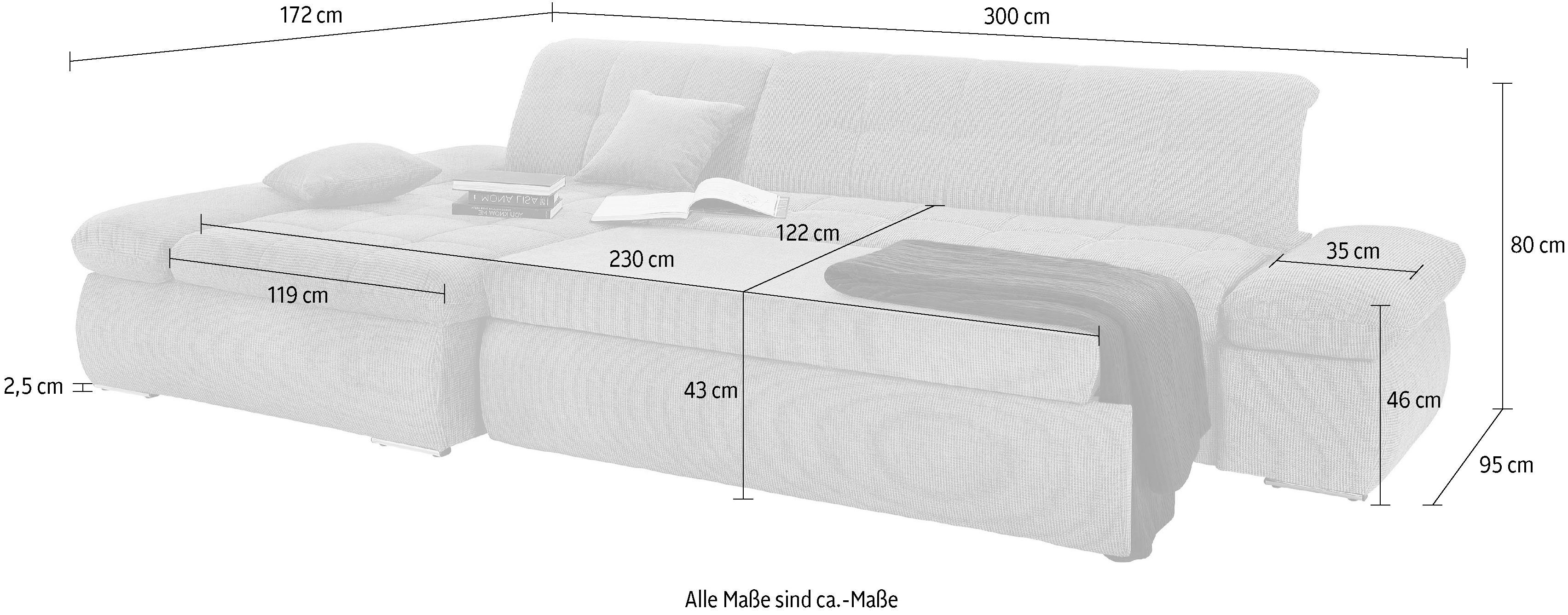 DOMO collection Hoekbank NMoric XXL, B/D/H: 300/172/80cm, L-vorm naar keuze met slaapfunctie en verstelbare armleuning