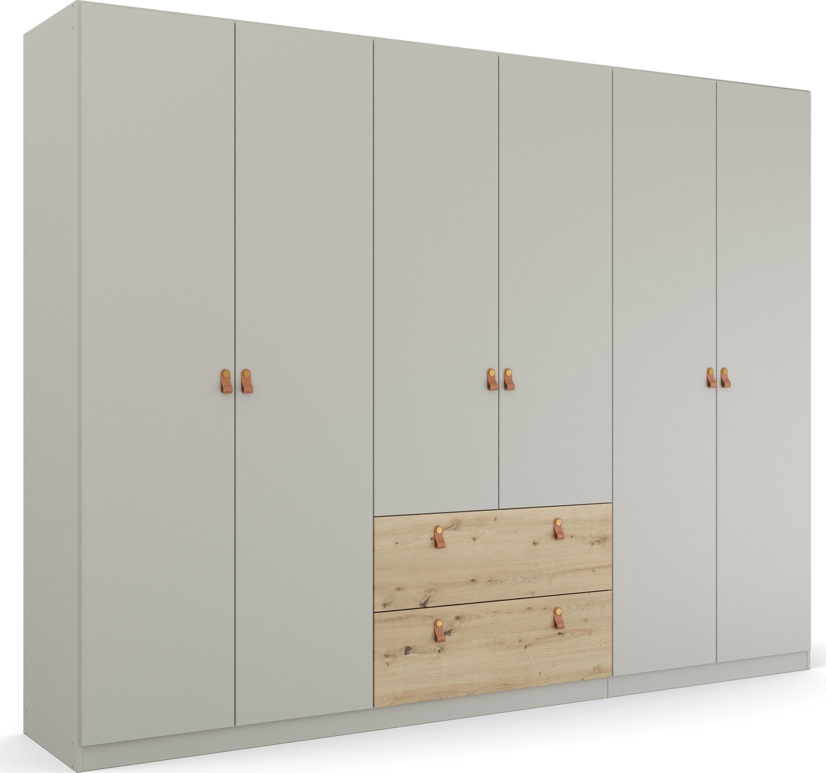 rauch Draaideurkast Homey by Quadra Spin met cognacbruine leren greeplussen, laden in eiken-decor kledingkasten maat 271 cm x 210 cm x 54 cm grijs