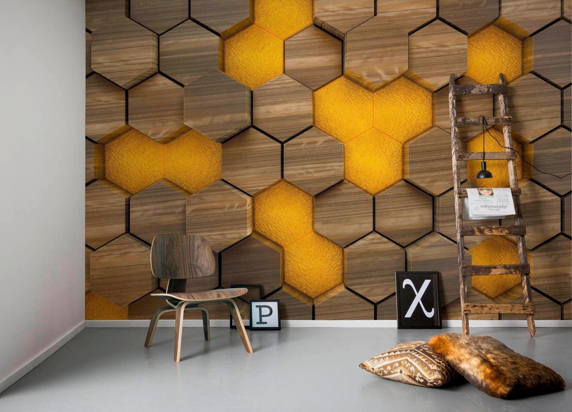 Komar Vliesbehang Digitale print vlies - Woodcomb Olive - Afmeting 400 x 250 cm (1 stuk)