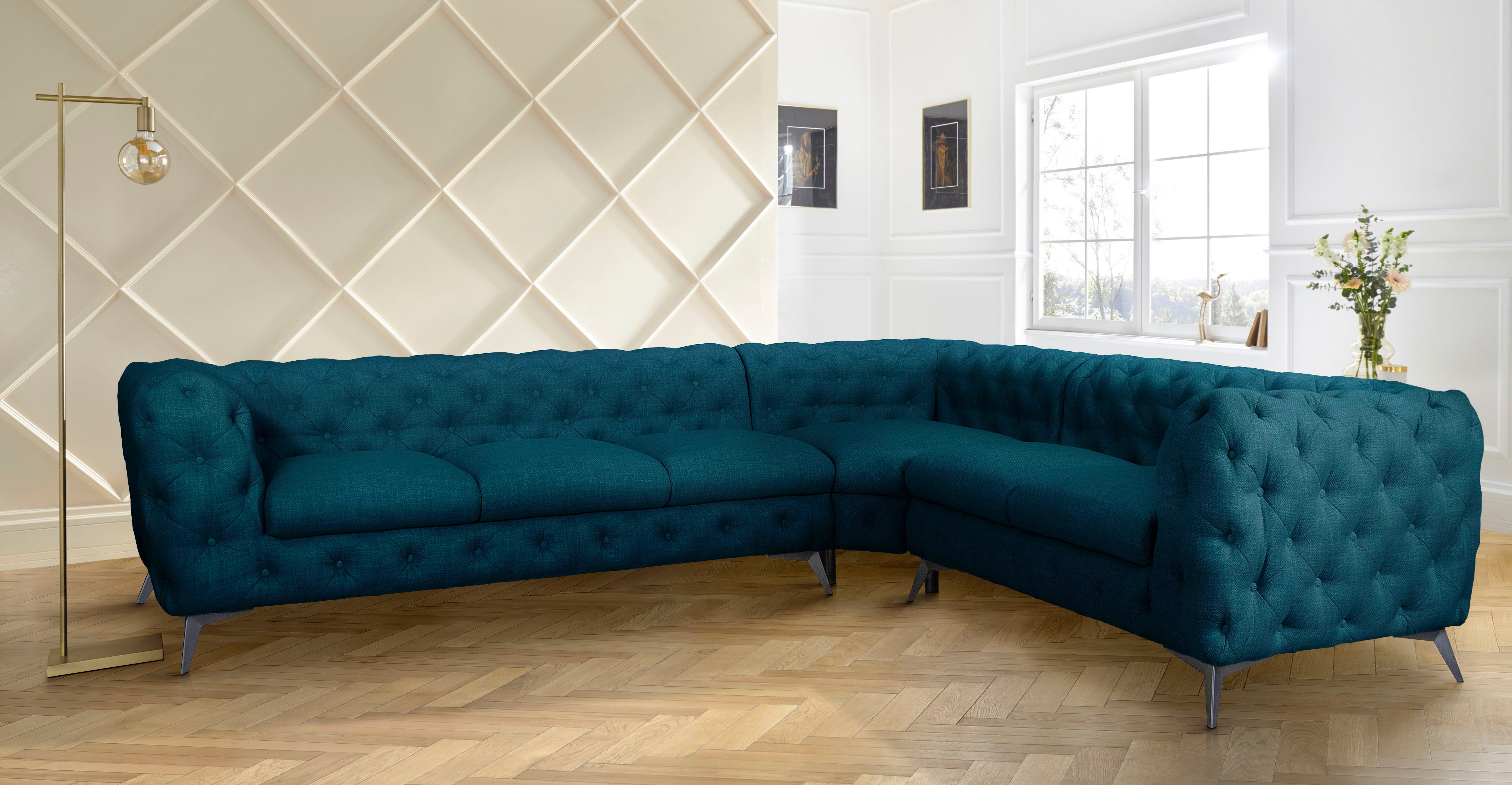 Leonique Chesterfield-bank Glynis L-vorm luxueuze capitonnage, moderne chesterfield look, kleur van de poten ter keuze