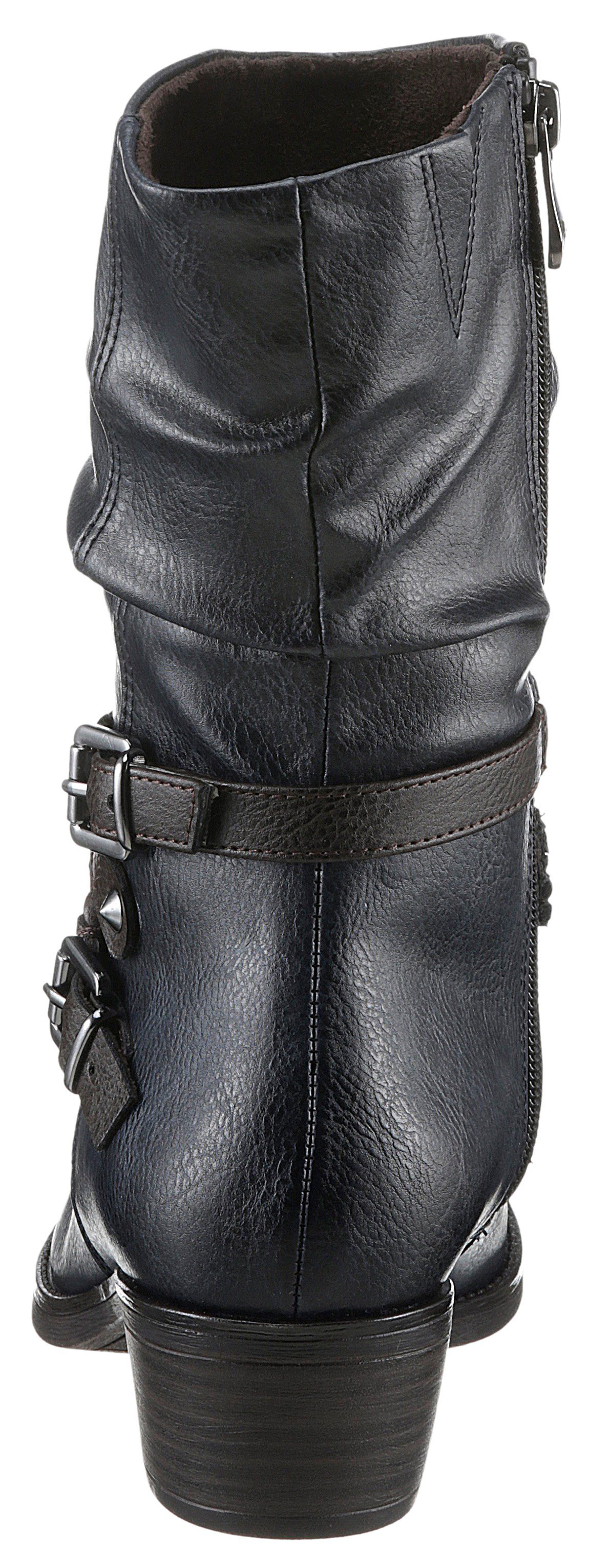 Marco Tozzi Cowboy laars blokhak, korte laarzen, westernlaarsjes met gevlochten decoratieve bandjes
