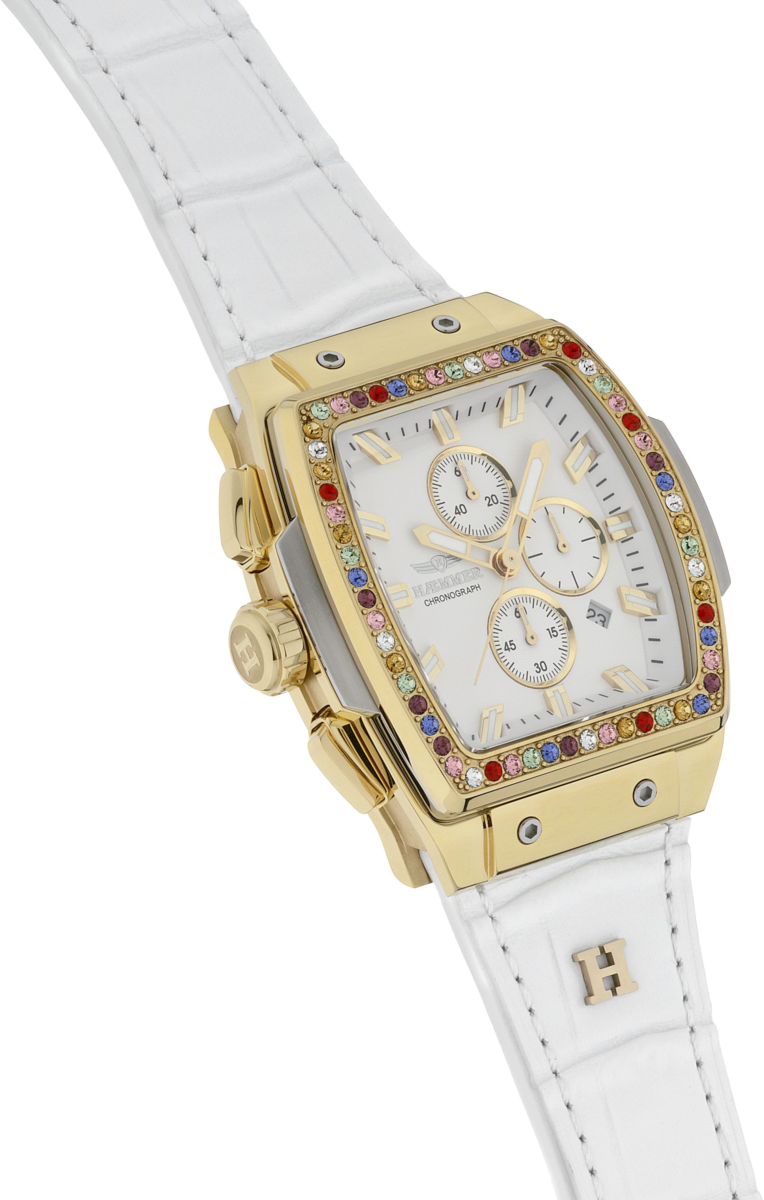 HAEMMER GERMANY Chronograaf TONNEAU Quartz horloge, polshorloge, dameshorloge, leren band, geschroefde kroon, datum