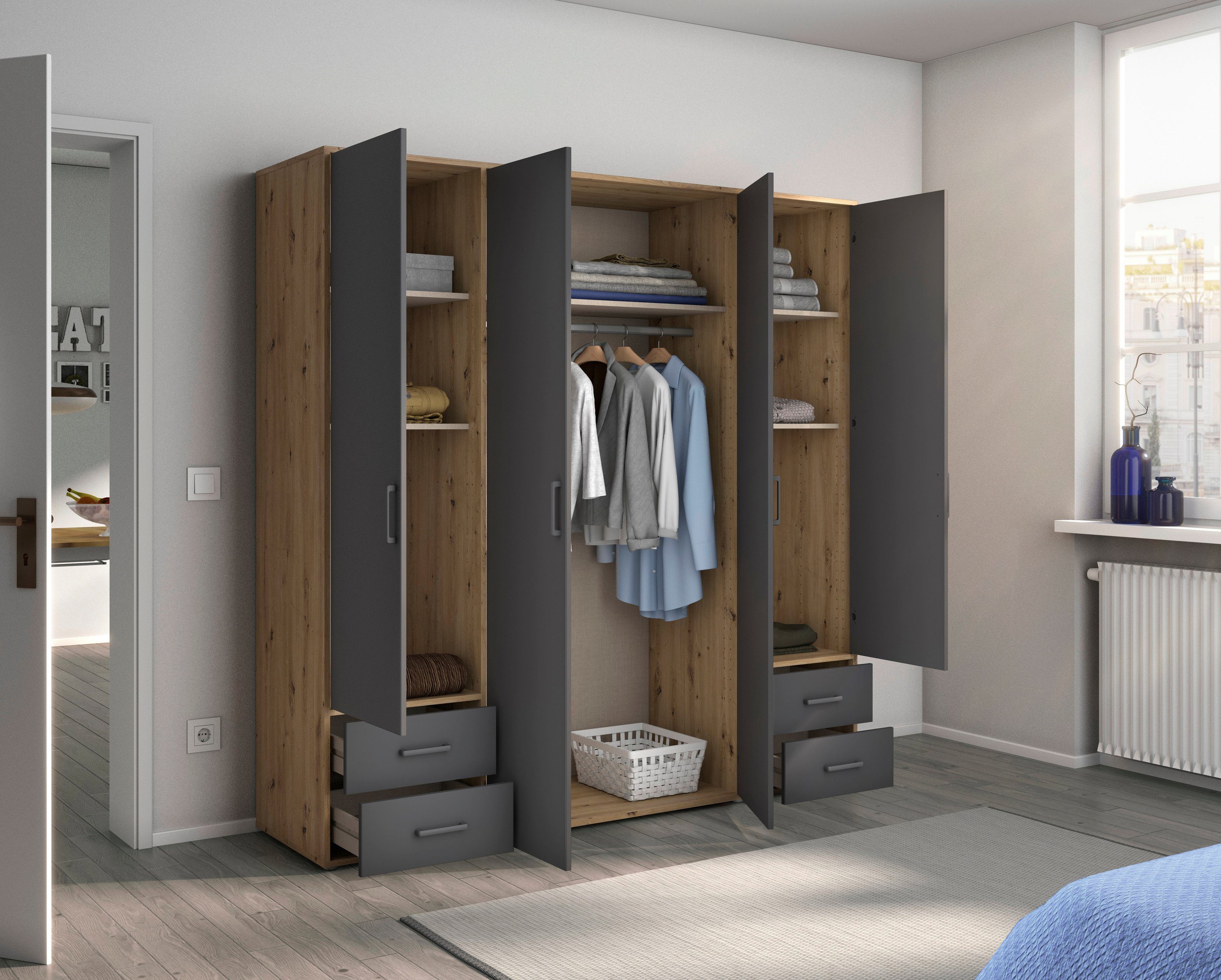 rauch Draaideurkast Kledingkast kast garderobe linnenkast VOYAGER moderne grepen in grijs metallic met buitenlades made in germany