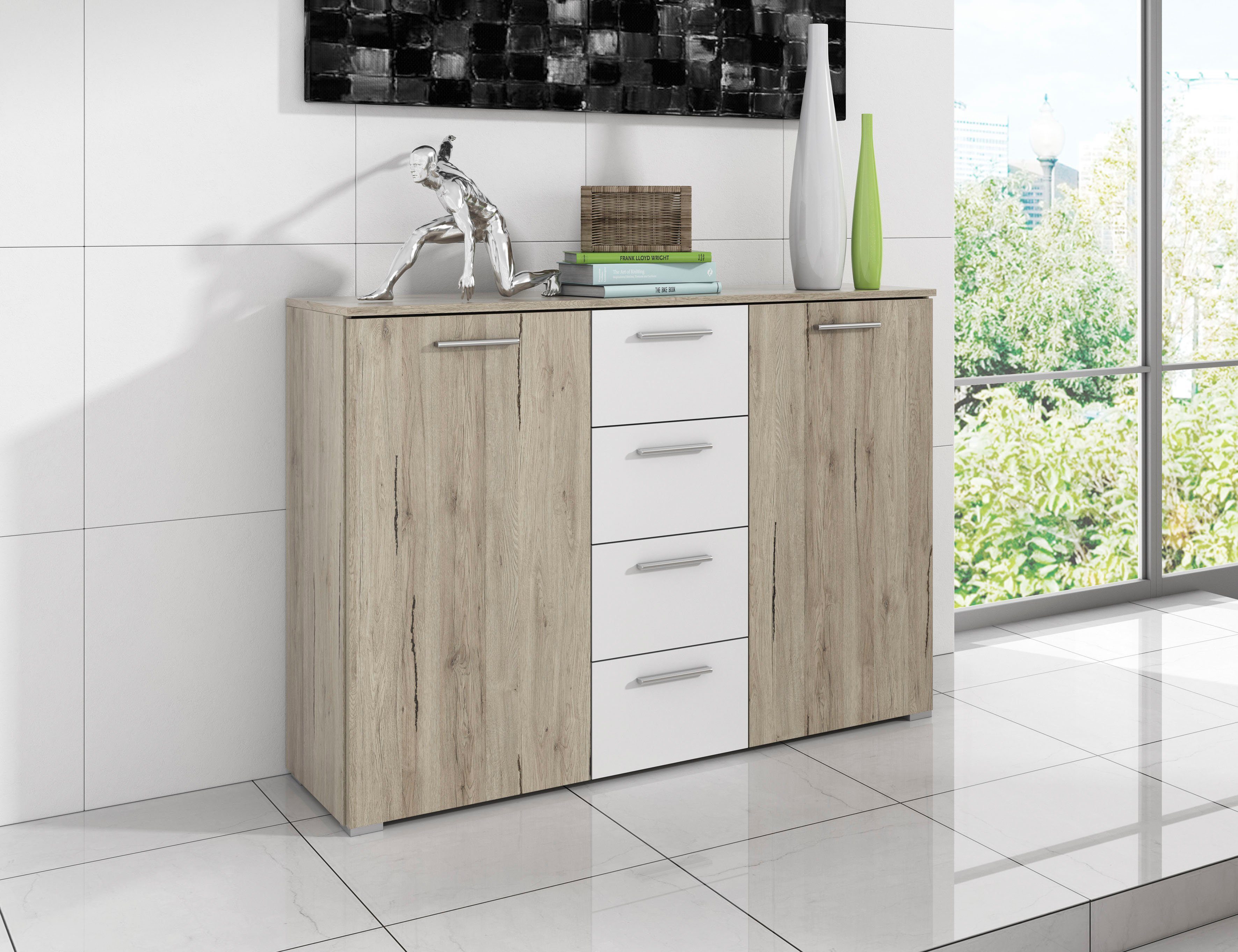 INOSIGN Kast met laden en deuren Beta breedte 132 cm, tijdloze ladekast, dressoir Dressoir, veel bergruimte, 2-deurs 4 laden, 132x38x93cm