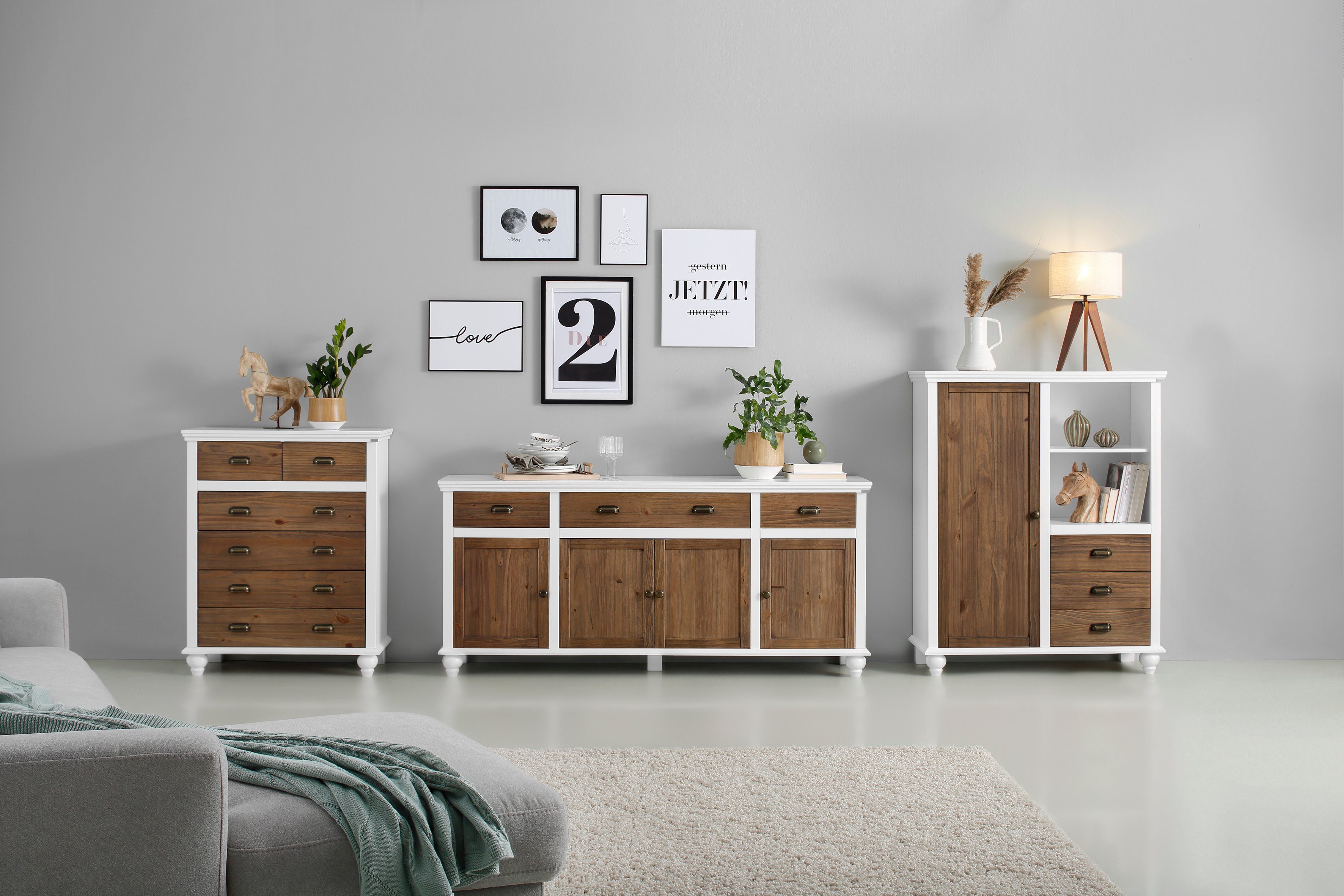 Home affaire Hoge kast Borey met 1 deur en 3 laden van massief hout, hoogte 125 cm, breedte 100 cm