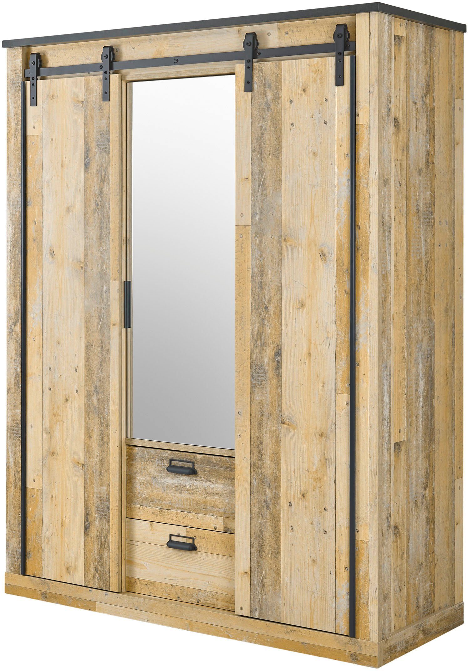 Home affaire Kledingkast SHERWOOD slaapkamerkast met spiegel, 2 lades, linn kast Schuifdeuren met schuurdeur beslag van metaal, B/D/H 161/63/209cm