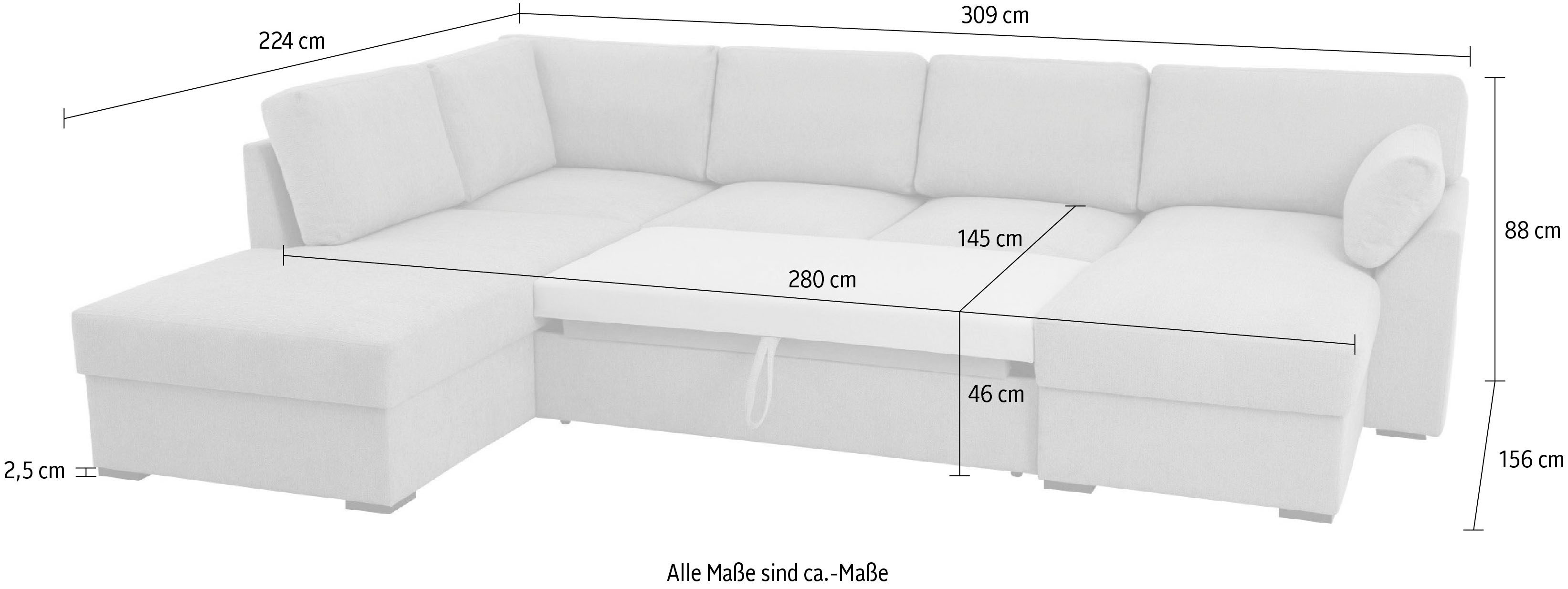 Home affaire Zithoek Citry Breedte 309 cm, chenille, bedfunctie, bedlade, U-vorm