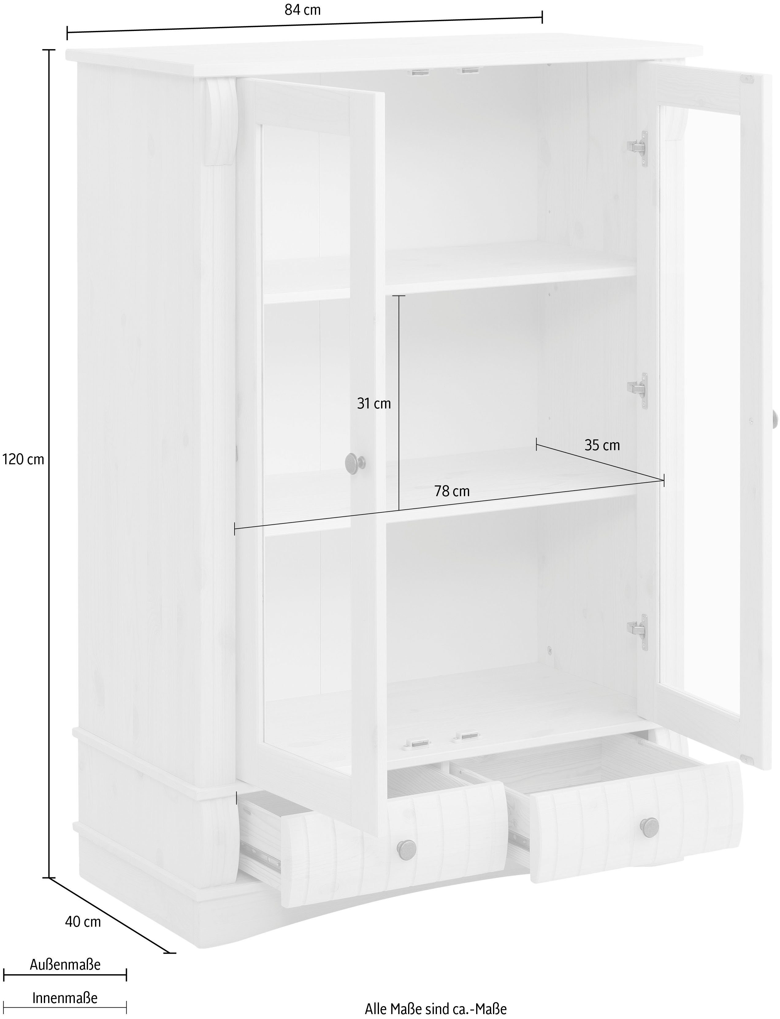 Home affaire Vitrinekast Teresa met 2 glazen deuren en 2 lades, hoogte 120 cm, van massief hout